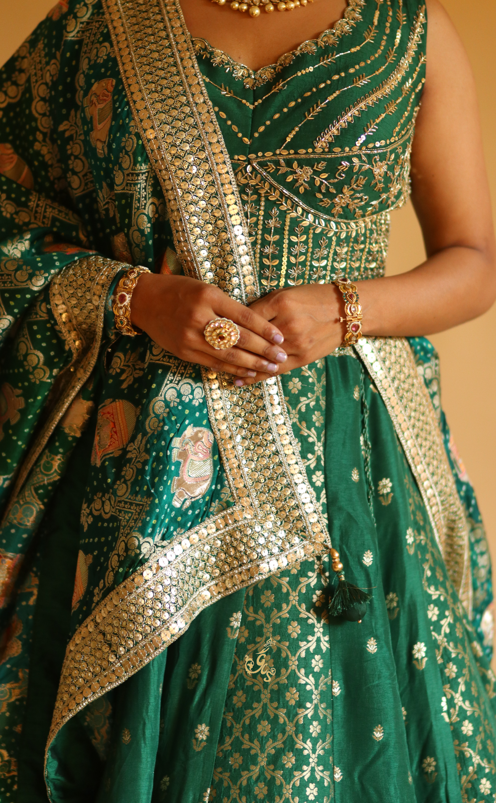 Bottle Green Embroidery Lehenga In Vegan Muga Silk