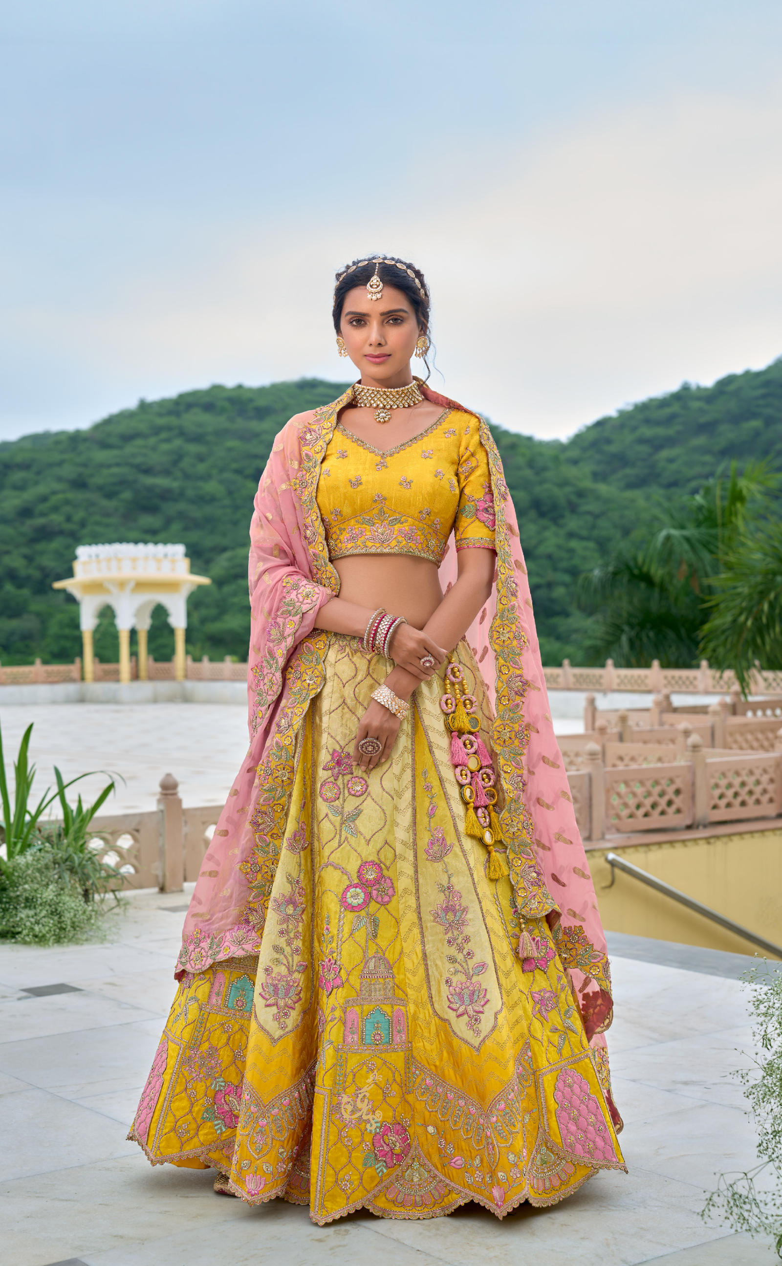 Yellow Shaded Vegan Georgette lehenga with patch and meenakari embroidery.