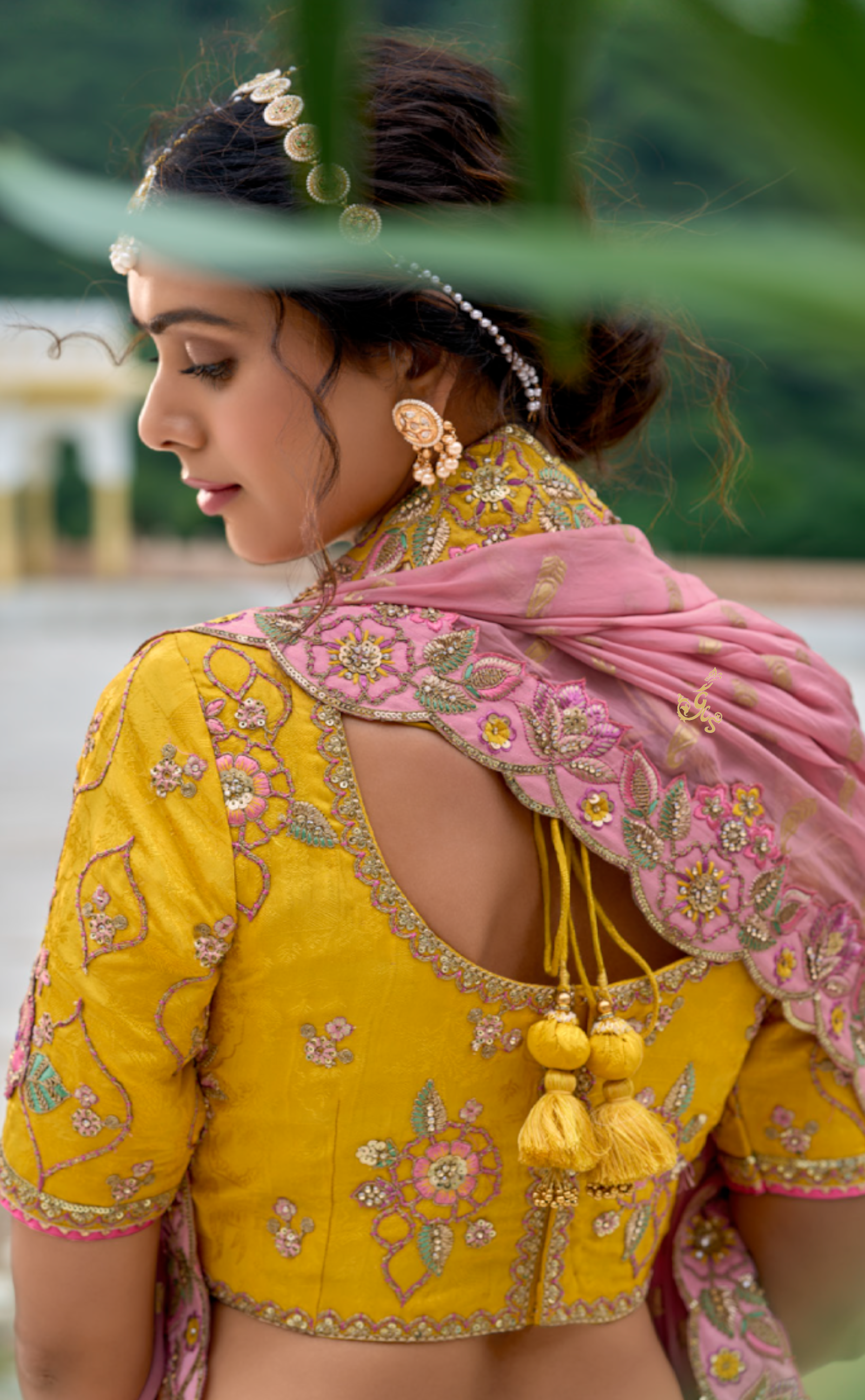 Yellow Shaded Vegan Georgette lehenga with patch and meenakari embroidery.