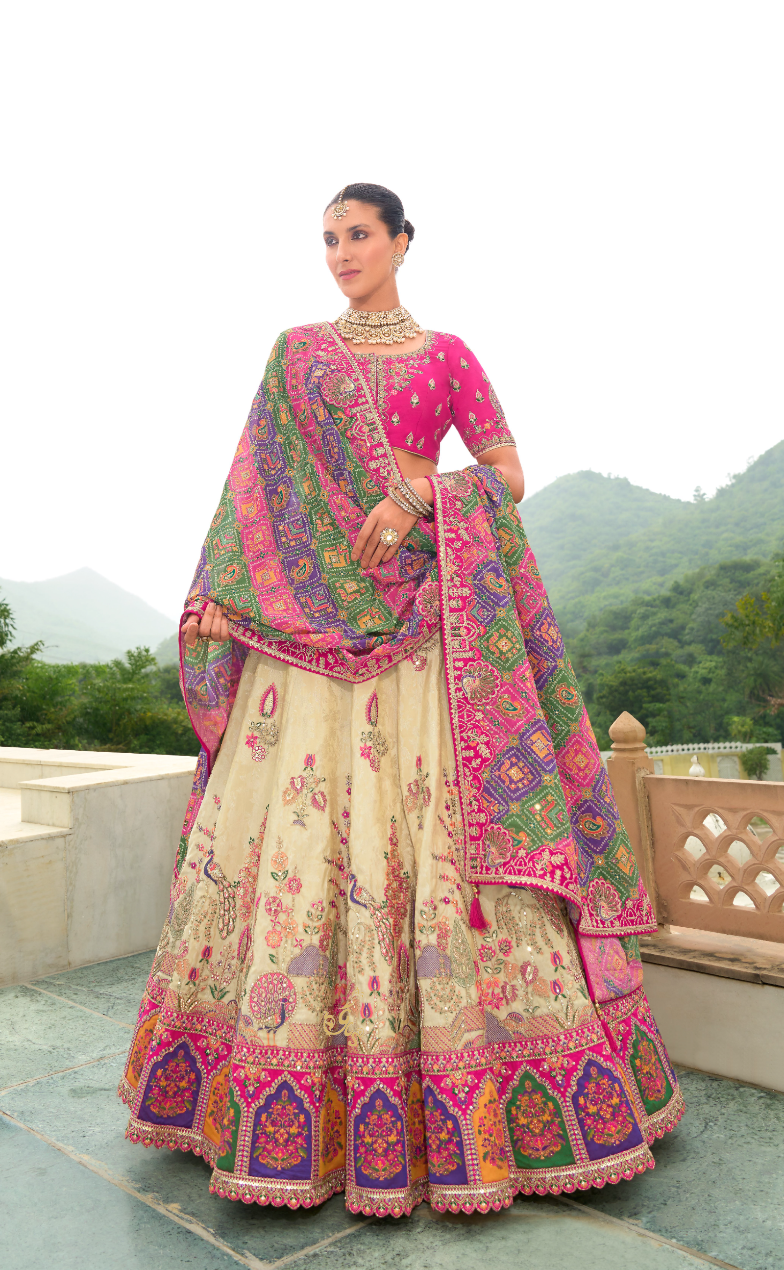 Multicolored Vegan Tissue Georgette Lehenga with Meenakari Embroidery
