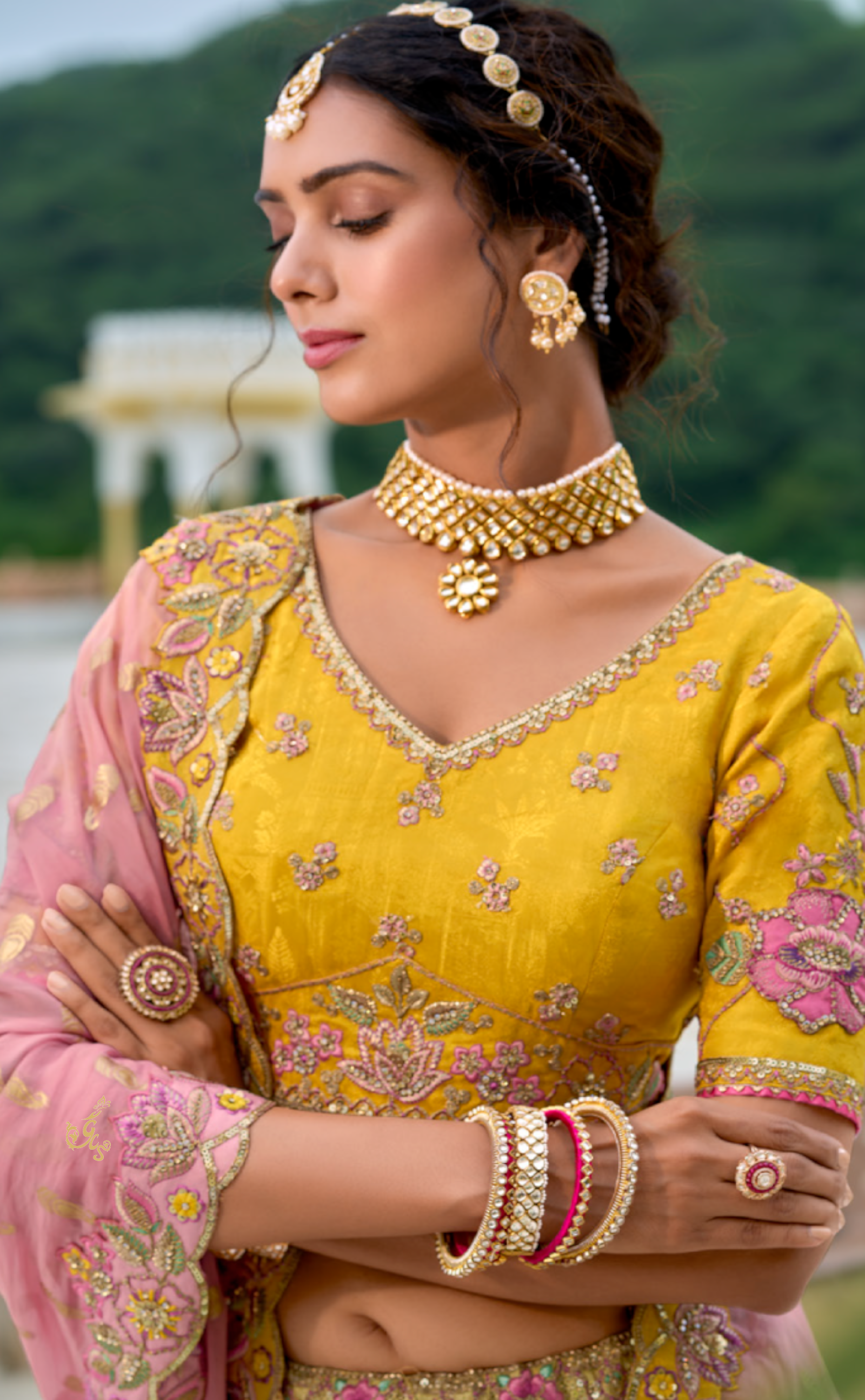Yellow Shaded Vegan Georgette lehenga with patch and meenakari embroidery.