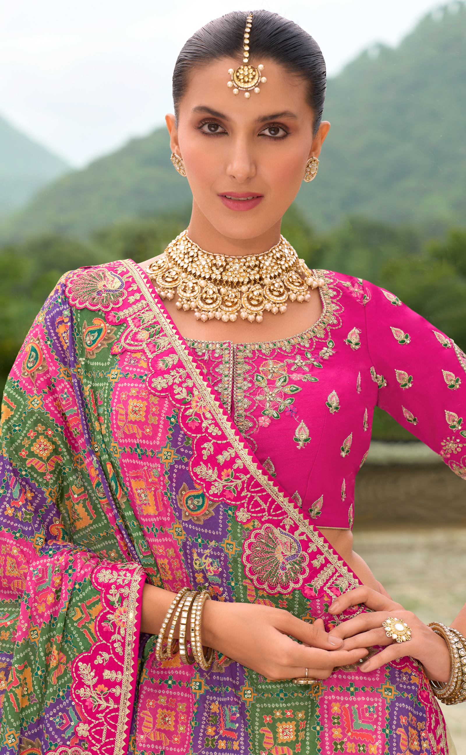 Multicolored Vegan Tissue Georgette Lehenga with Meenakari Embroidery