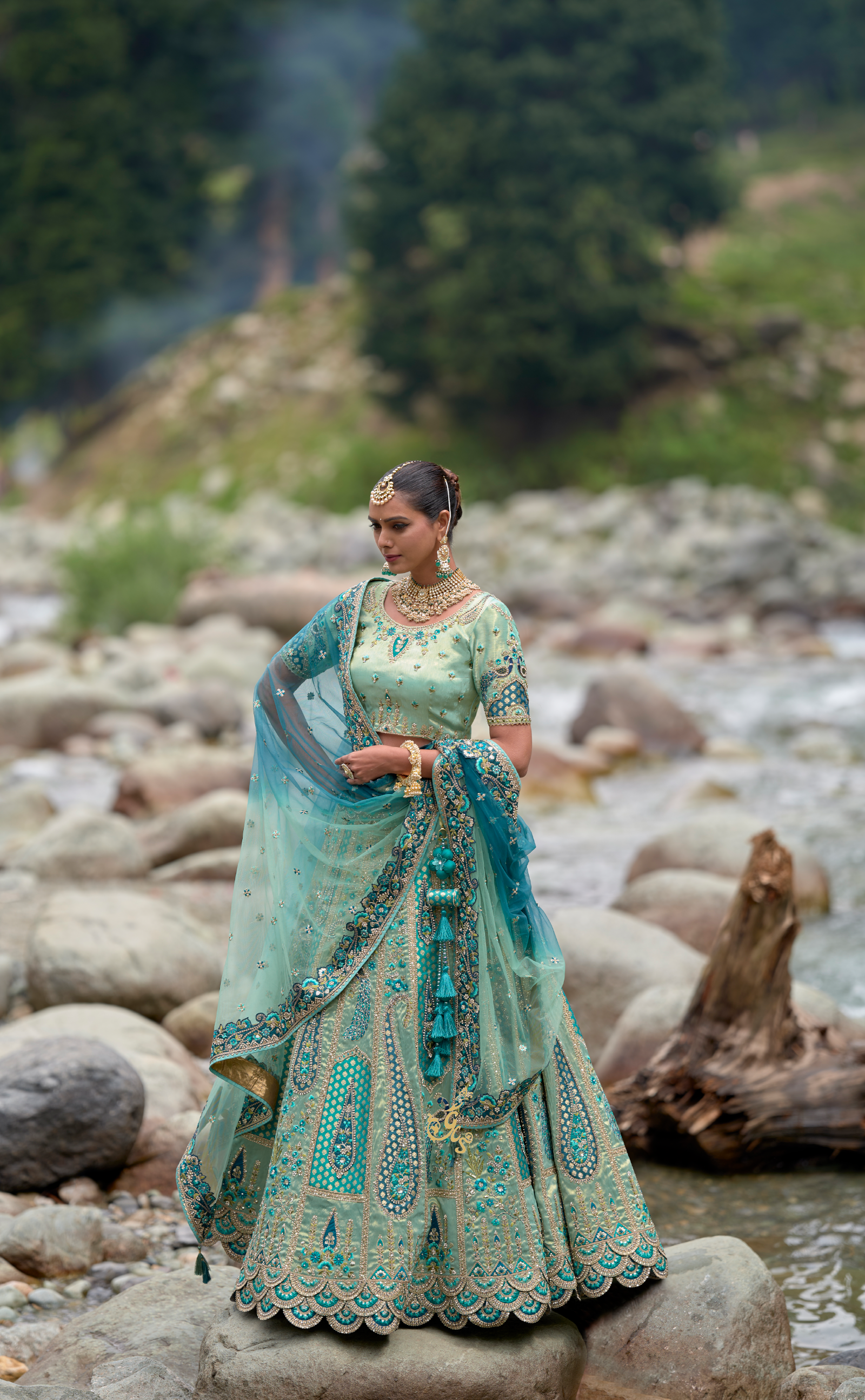 Peacock Blue Embroidered Lehenga In Vegan Soft Tissue