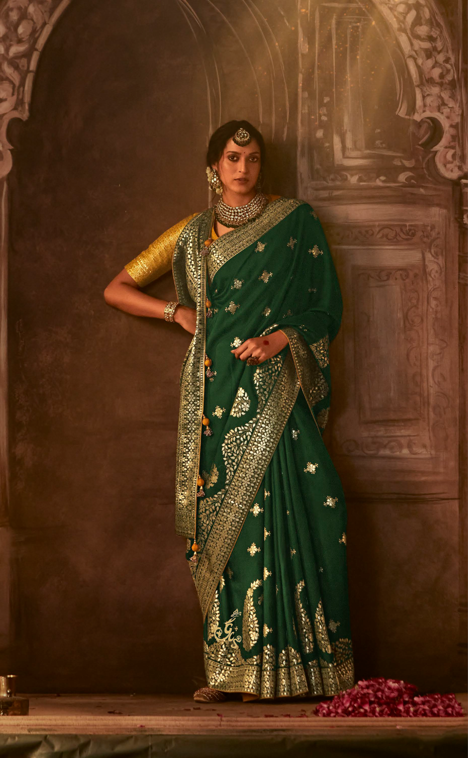 Bottle Green Saree In Banarasi Vegan Muga Silk