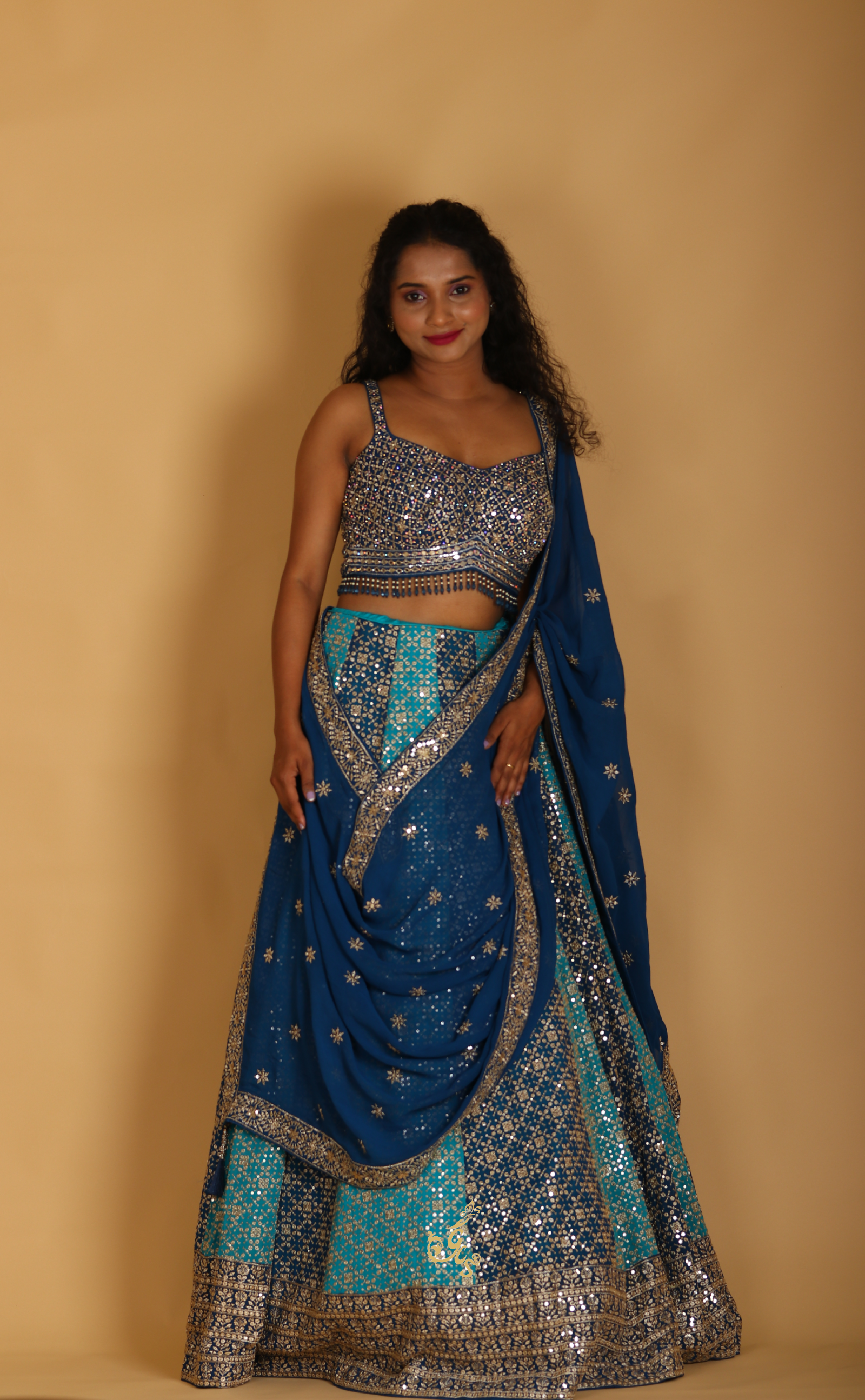 Blue Embroidery Lehenga In Vegan Georgette