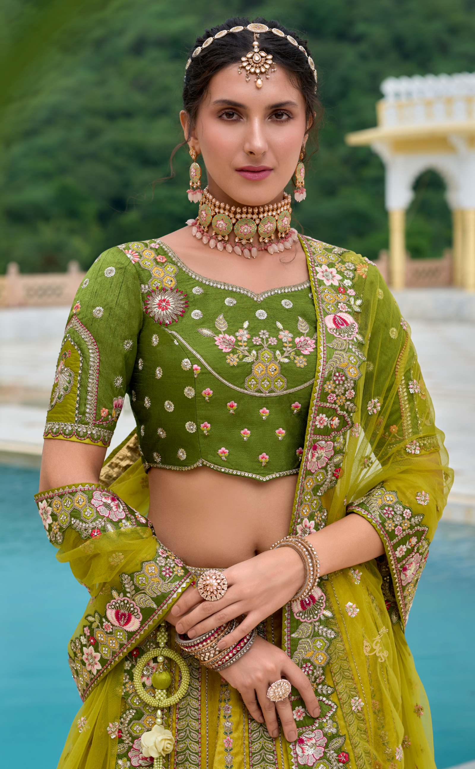 Vegan Banarasi silk lehenga with patchwork and meenakari embroidery.