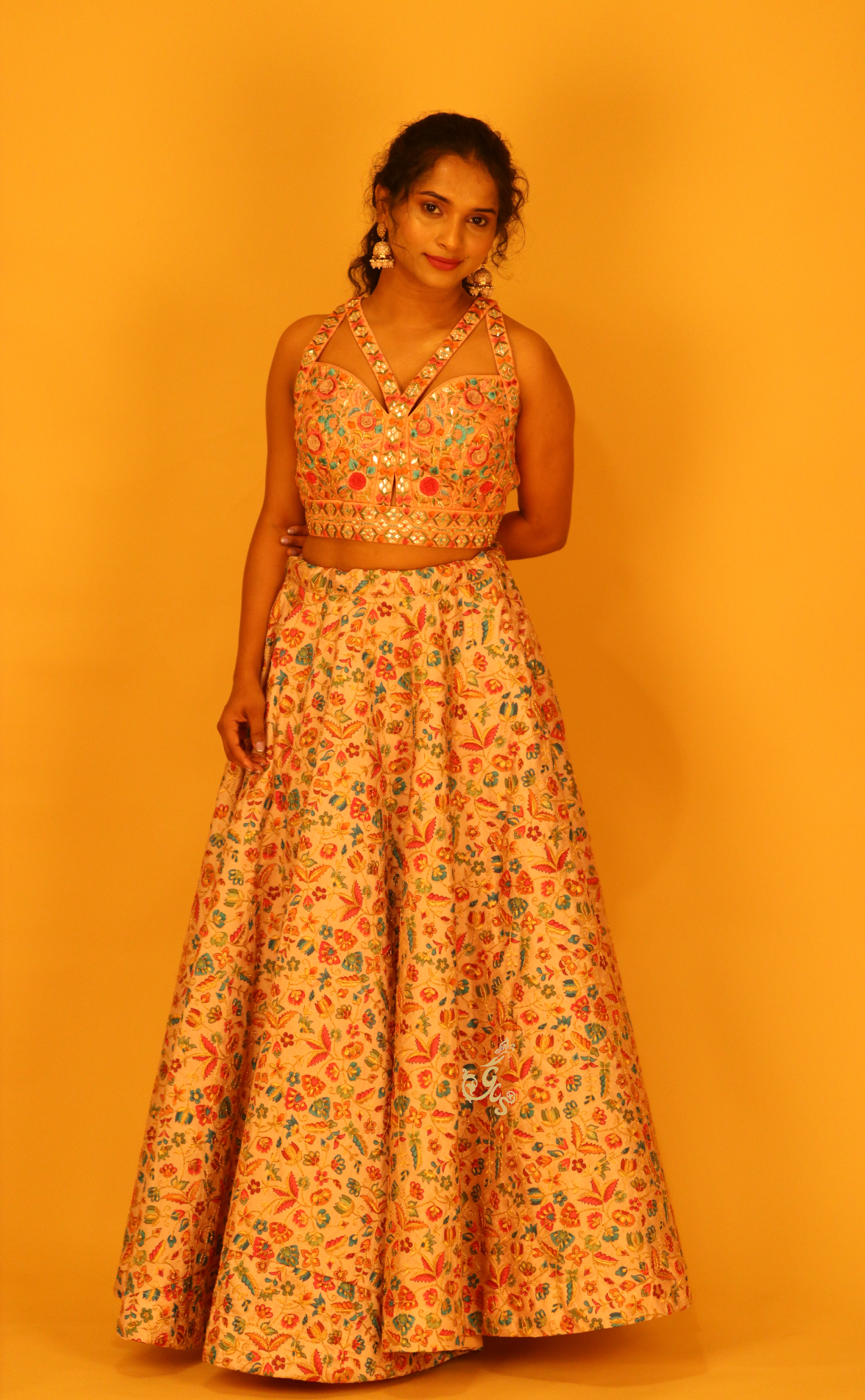 Peach Printed Embroidery Lehenga In Vegan Raw Silk