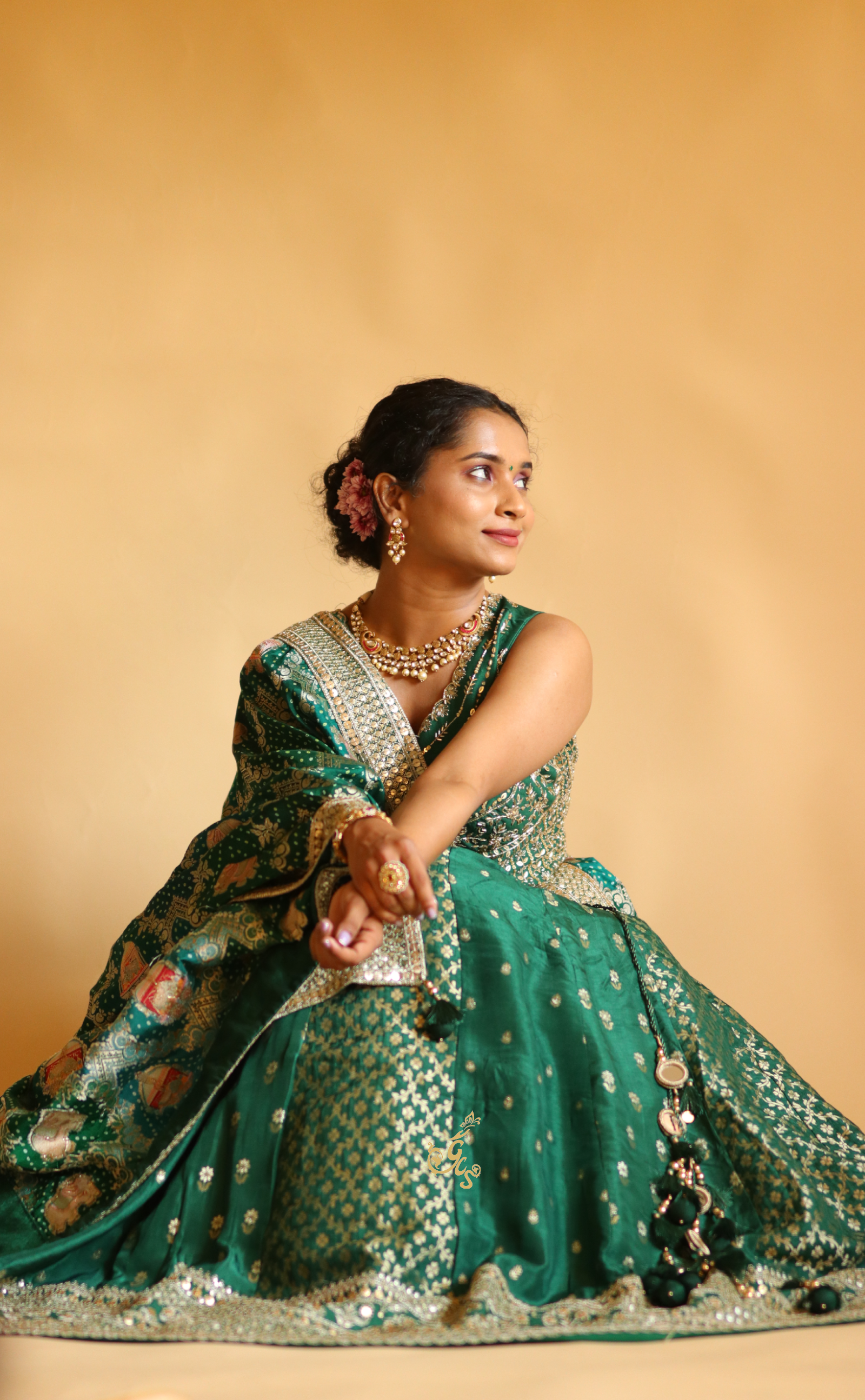 Bottle Green Embroidery Lehenga In Vegan Muga Silk