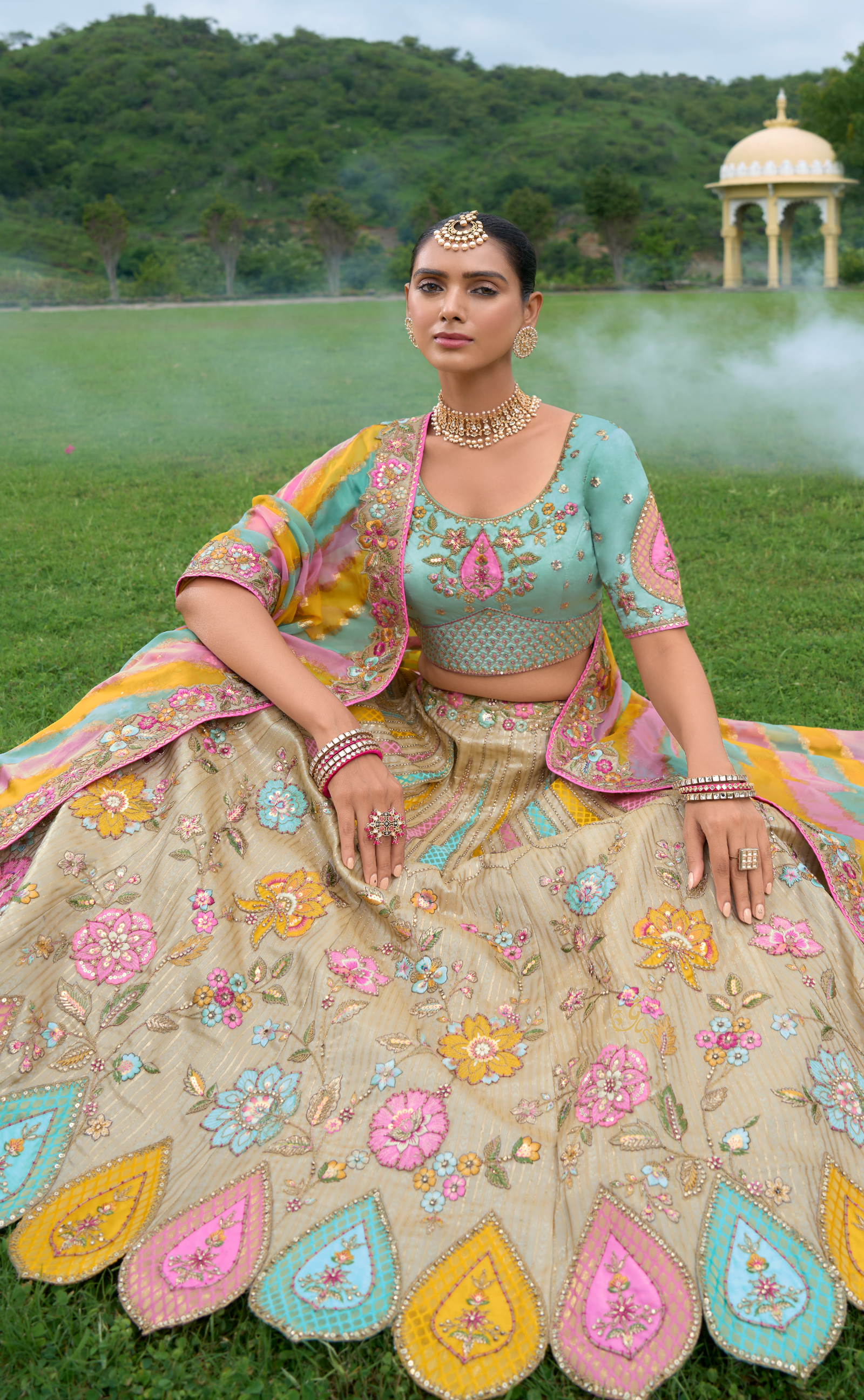 Multicolored Vegan Georgette Lehenga with Patch Embroidery