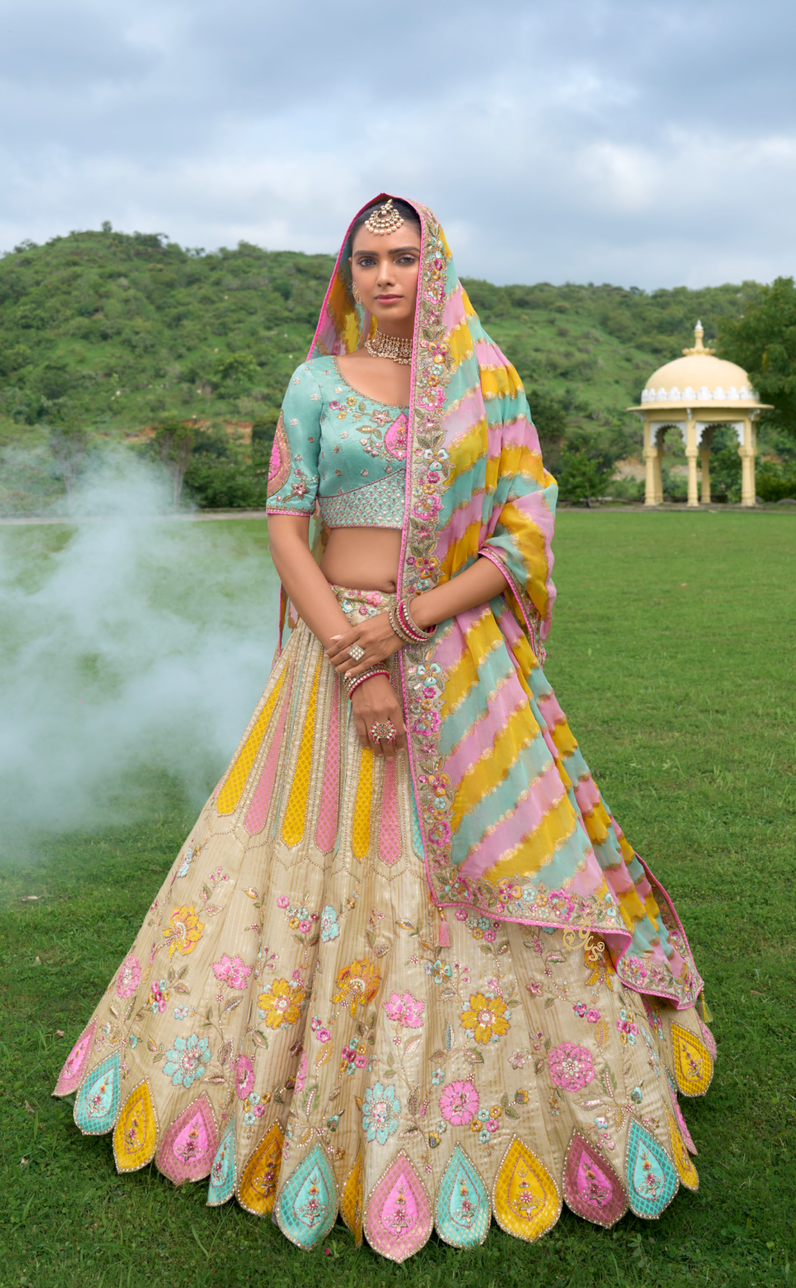 Multicolored Vegan Georgette Lehenga with Patch Embroidery