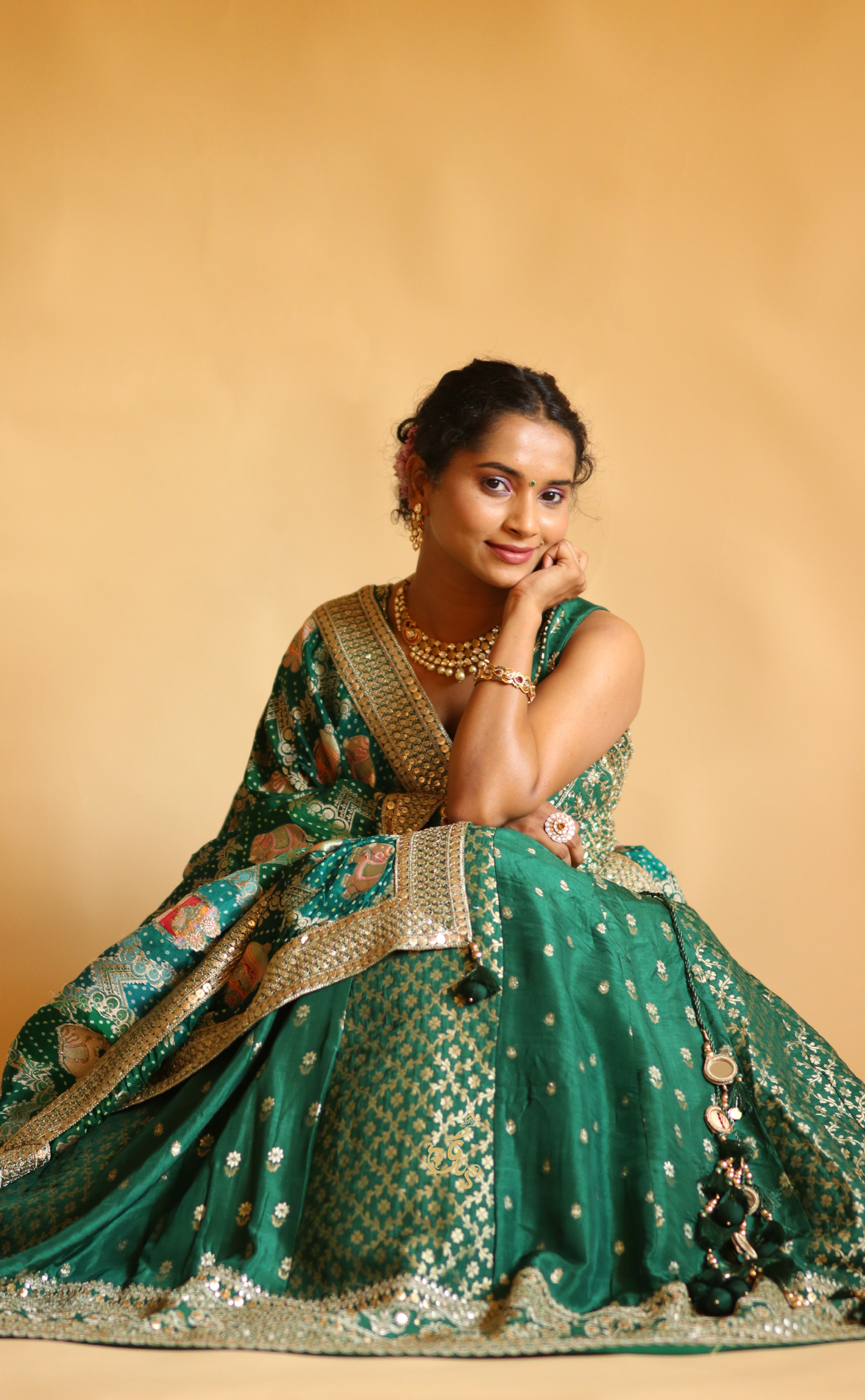 Bottle Green Embroidery Lehenga In Vegan Muga Silk