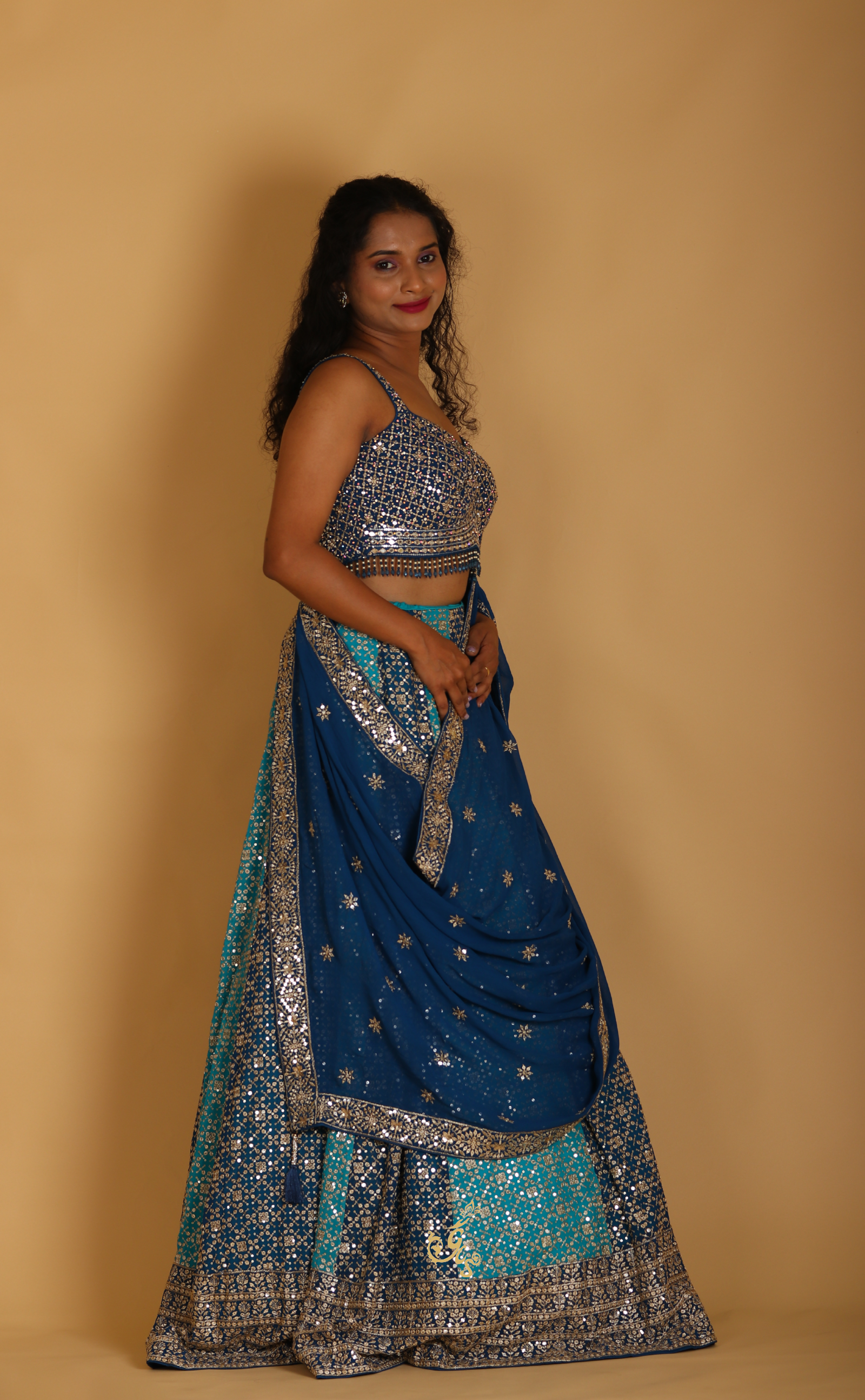 Blue Embroidery Lehenga In Vegan Georgette