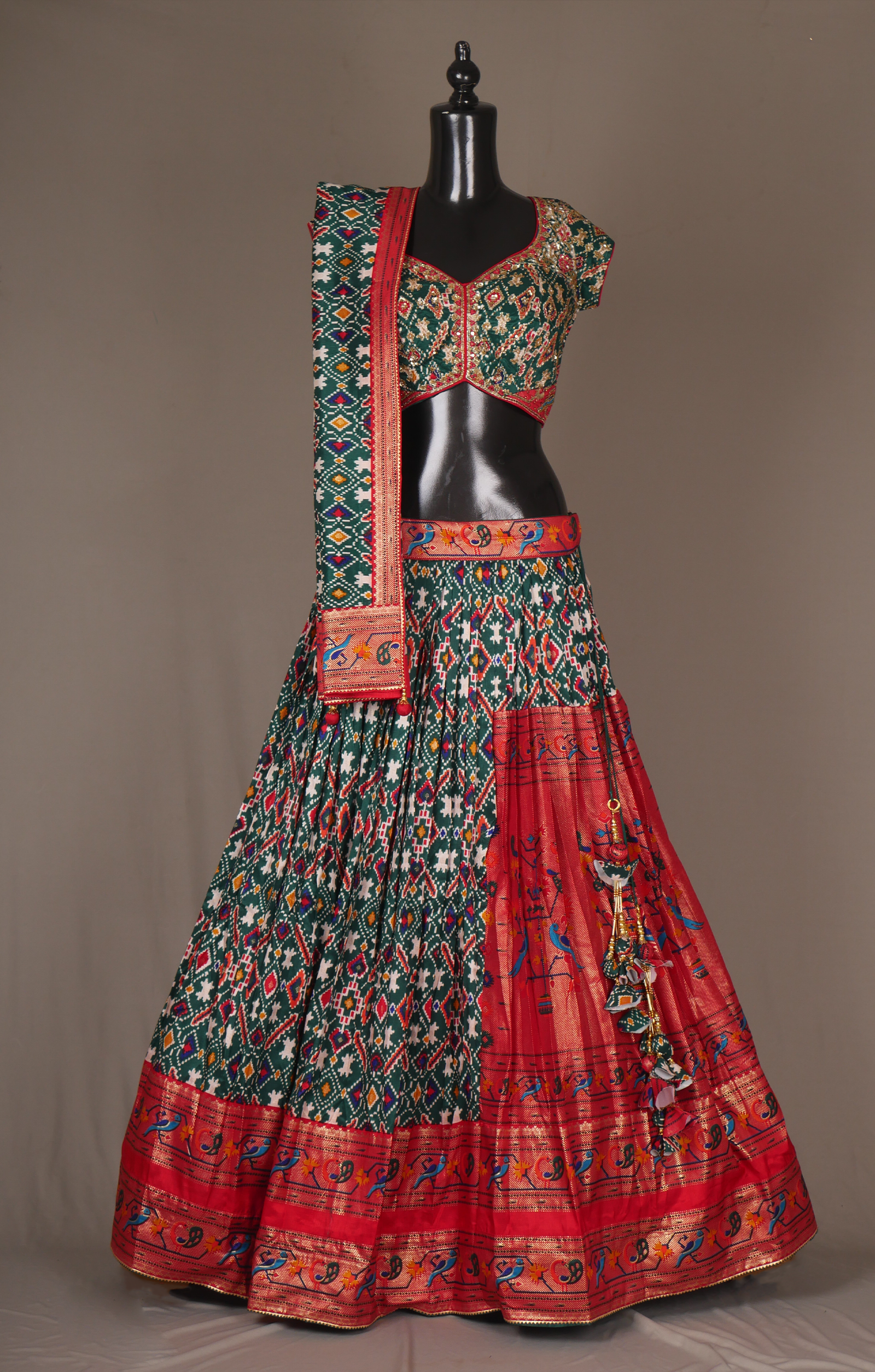 Vegan Soft Silk Ikkat Patola Lehenga With Resham And Sequins Work