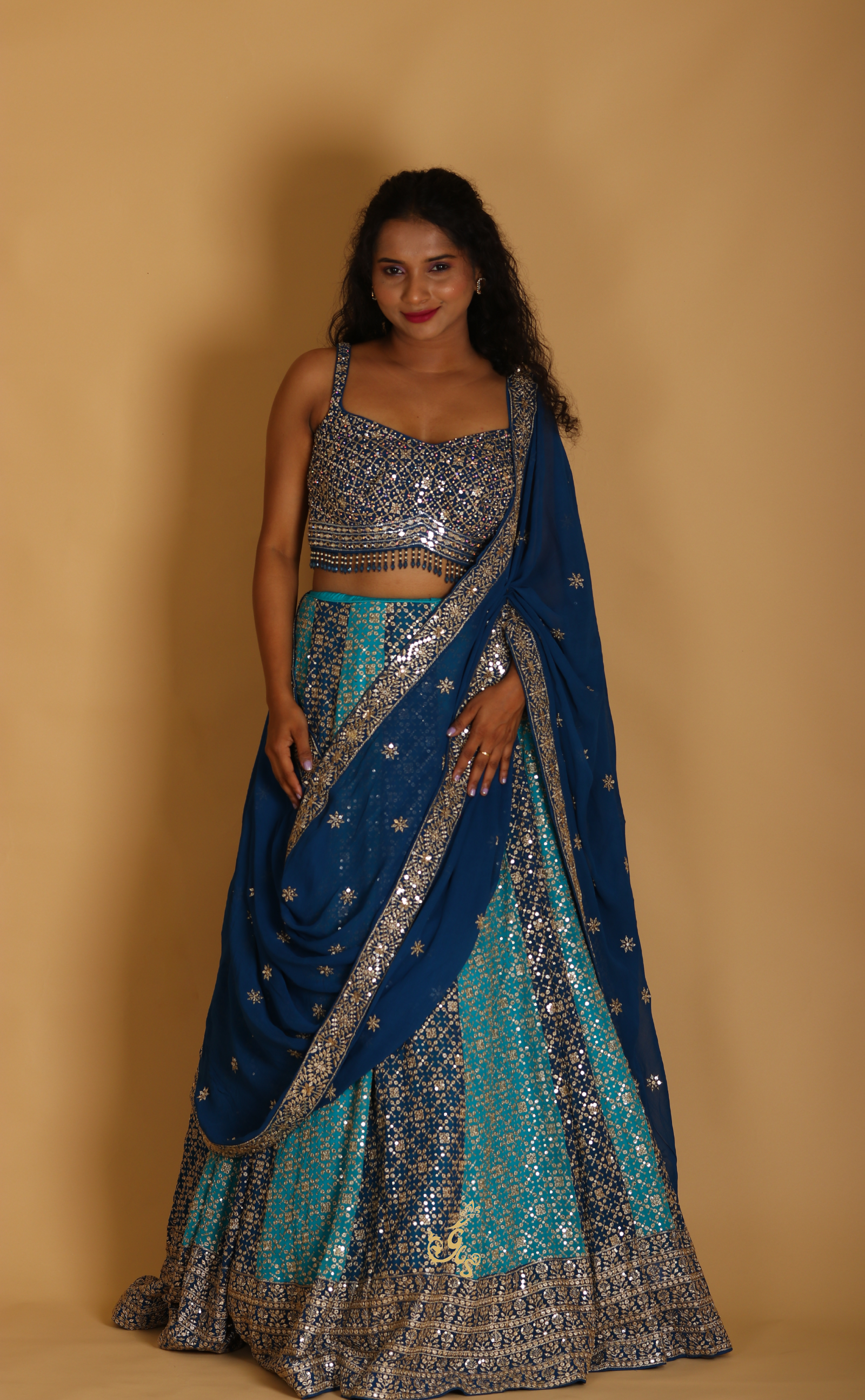 Blue Embroidery Lehenga In Vegan Georgette