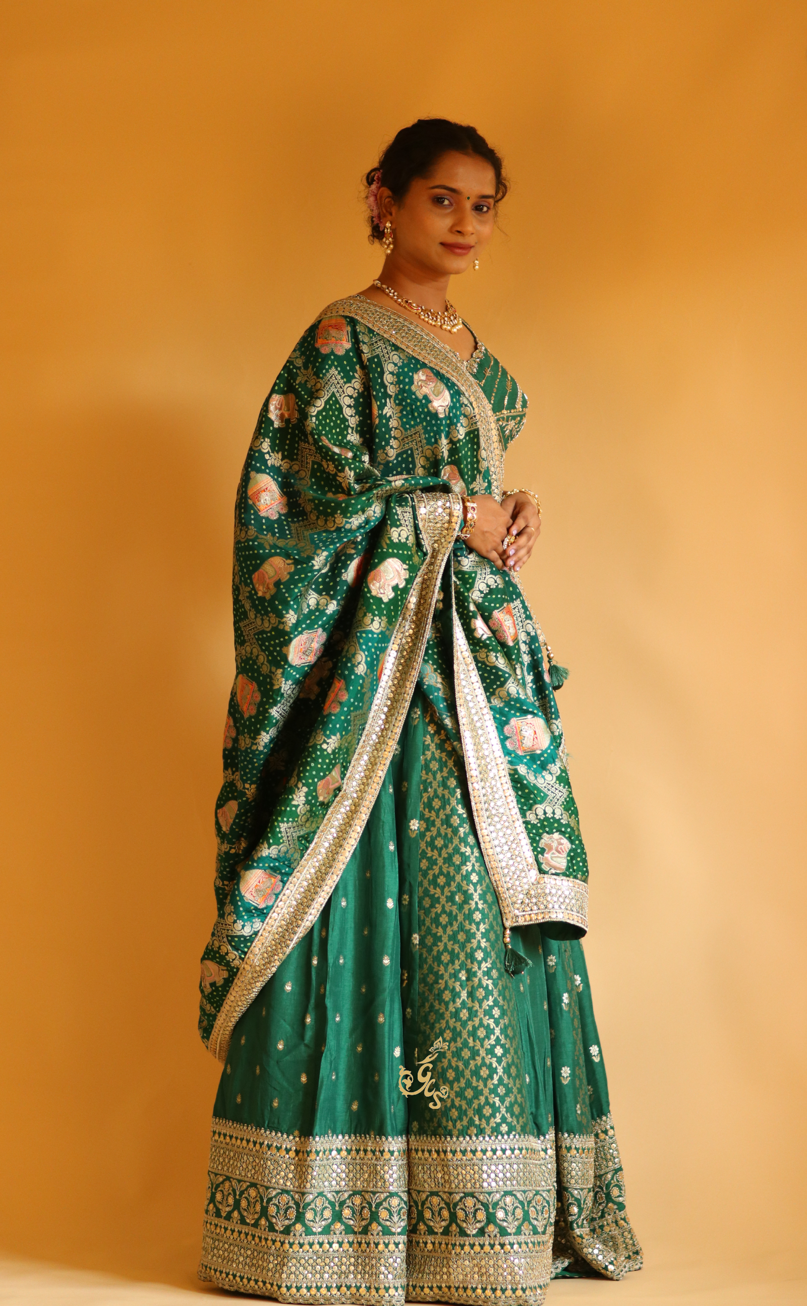 Bottle Green Embroidery Lehenga In Vegan Muga Silk