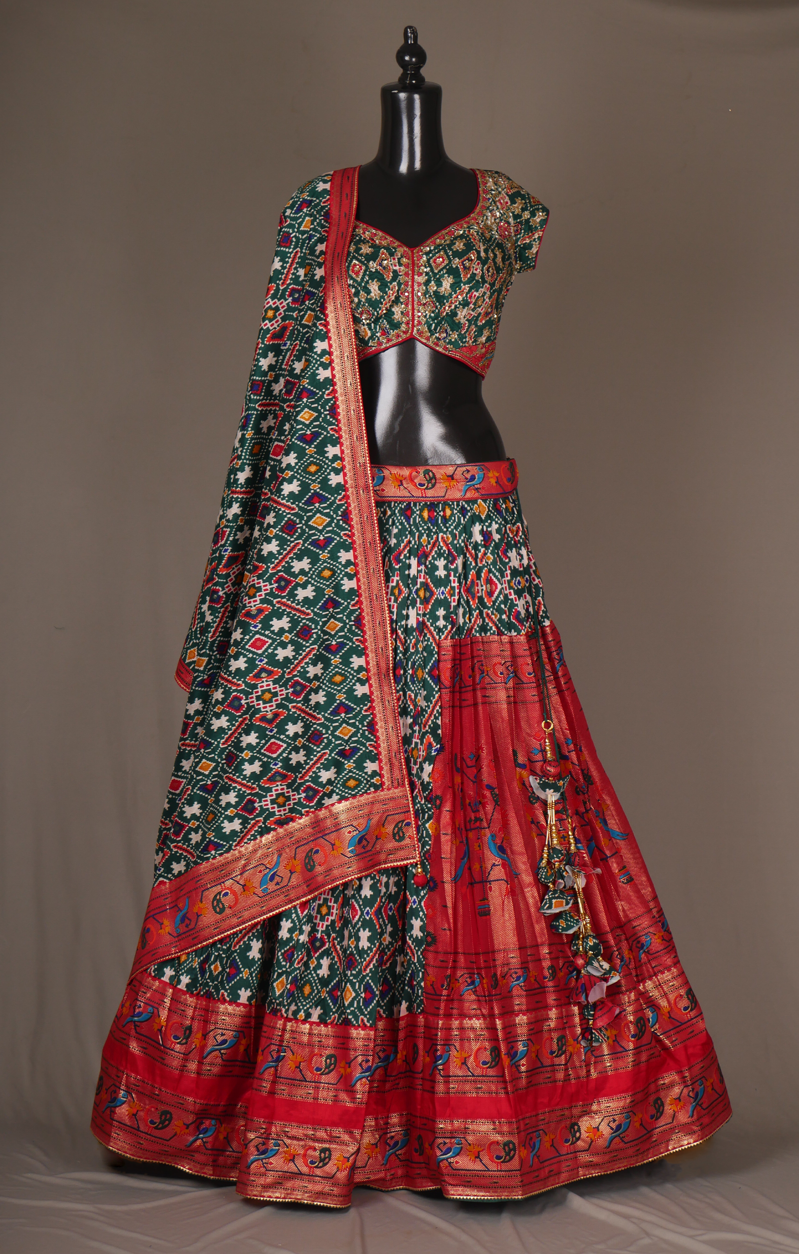 Vegan Soft Silk Ikkat Patola Lehenga With Resham And Sequins Work