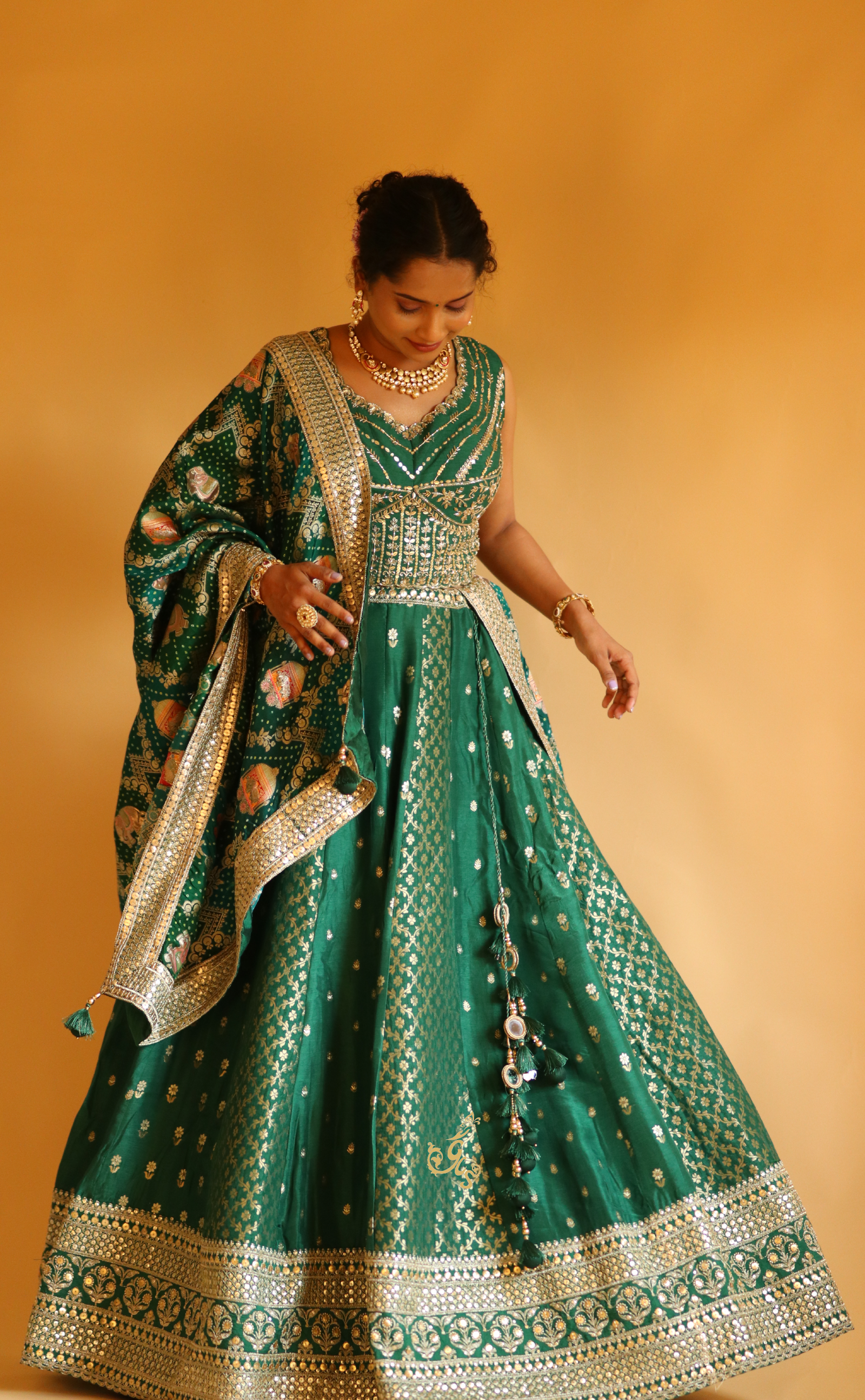 Bottle Green Embroidery Lehenga In Vegan Muga Silk