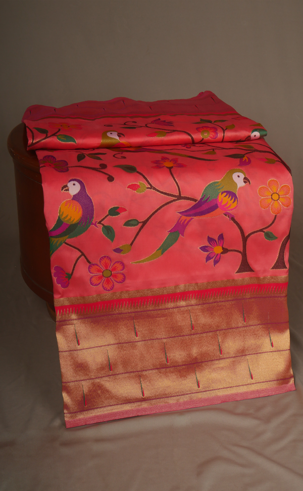 Peach Vegan Silk Paithani With Contrast Border