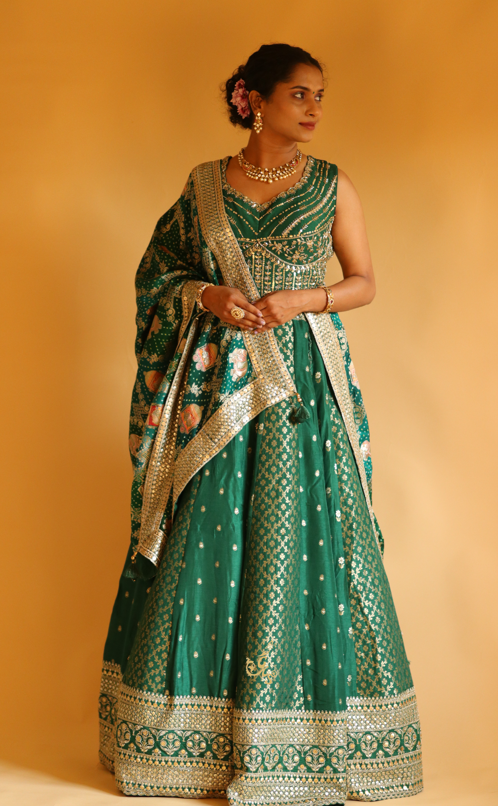 Bottle Green Embroidery Lehenga In Vegan Muga Silk