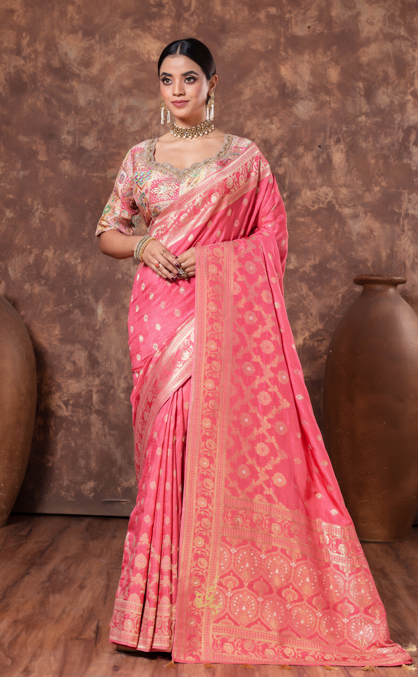 Blush Bloom: Soft Light Pink Vegan Tissue Georgette Saree with Ready Blouse
