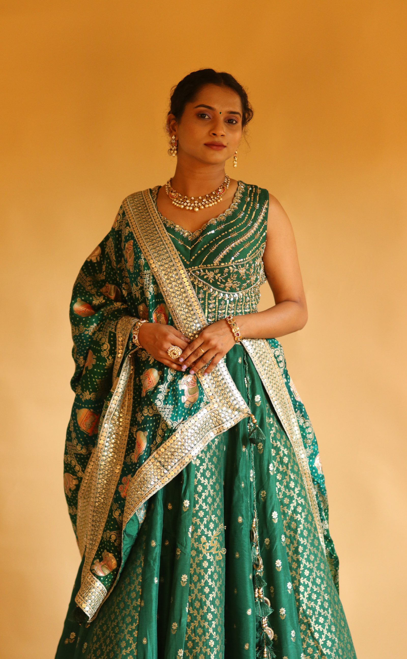 Bottle Green Embroidery Lehenga In Vegan Muga Silk