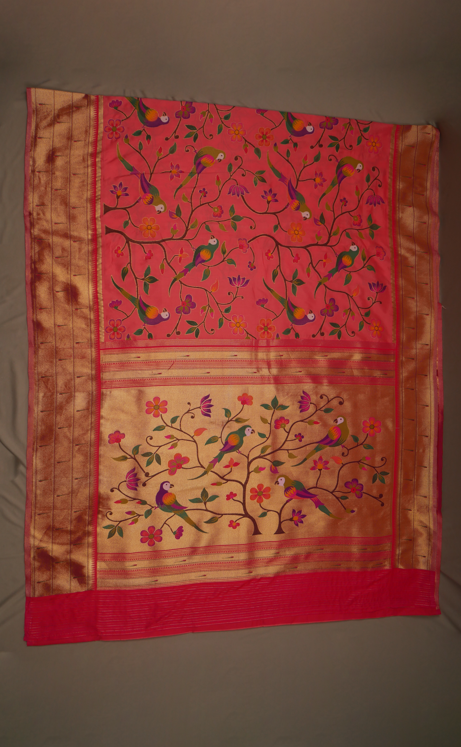 Peach Vegan Silk Paithani With Contrast Border