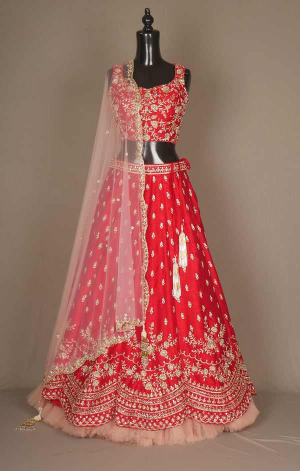 Vegan Raw Silk Bridal Lehenga With Zardosi Work