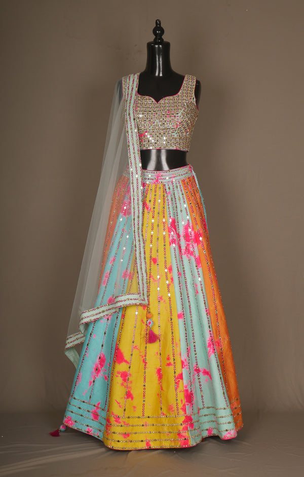 Multicoloured Vegan Raw Silk Lehenga With Mirror Work