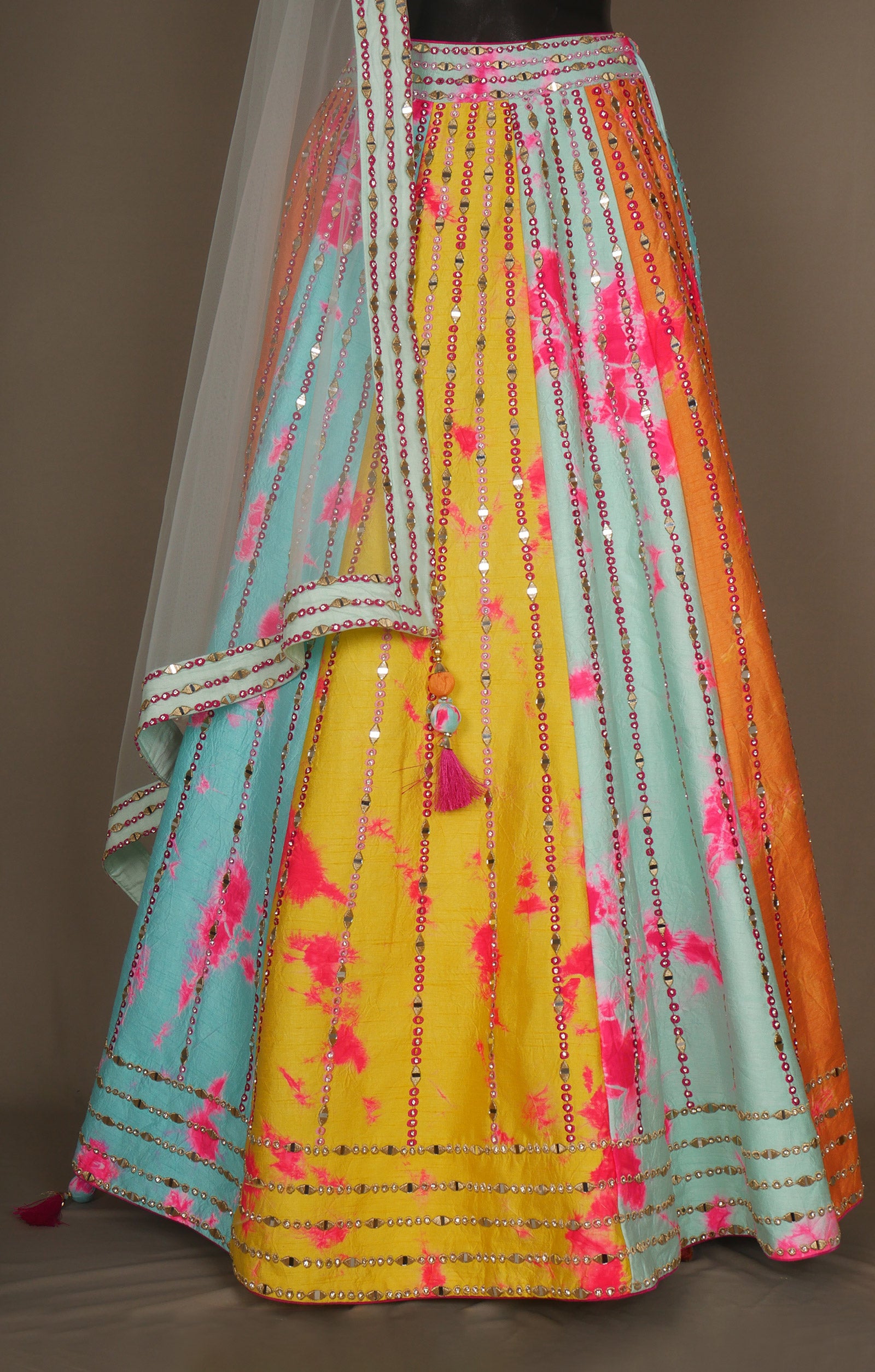 Multicoloured Vegan Raw Silk Lehenga With Mirror Work