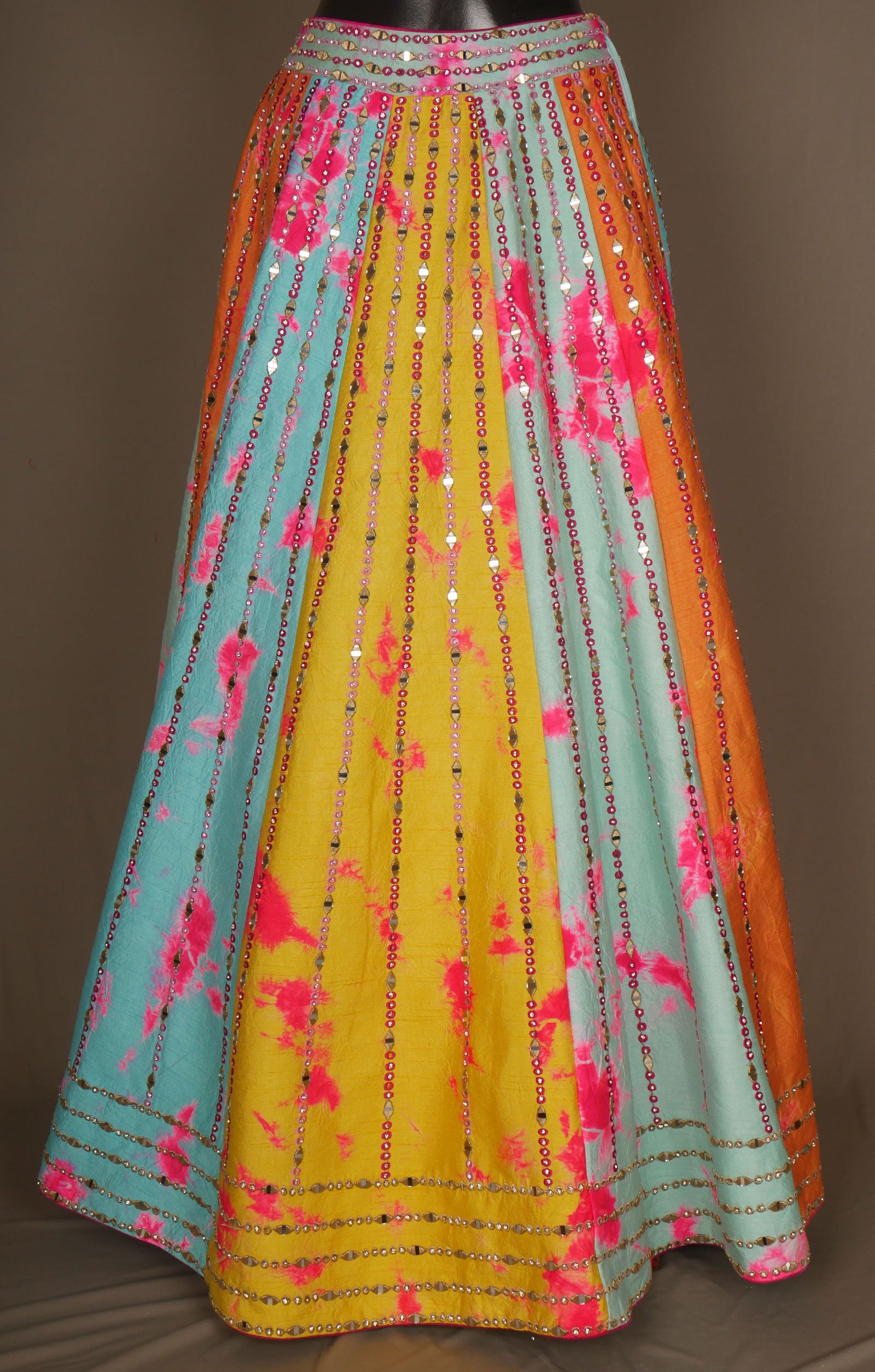 Multicoloured Vegan Raw Silk Lehenga With Mirror Work