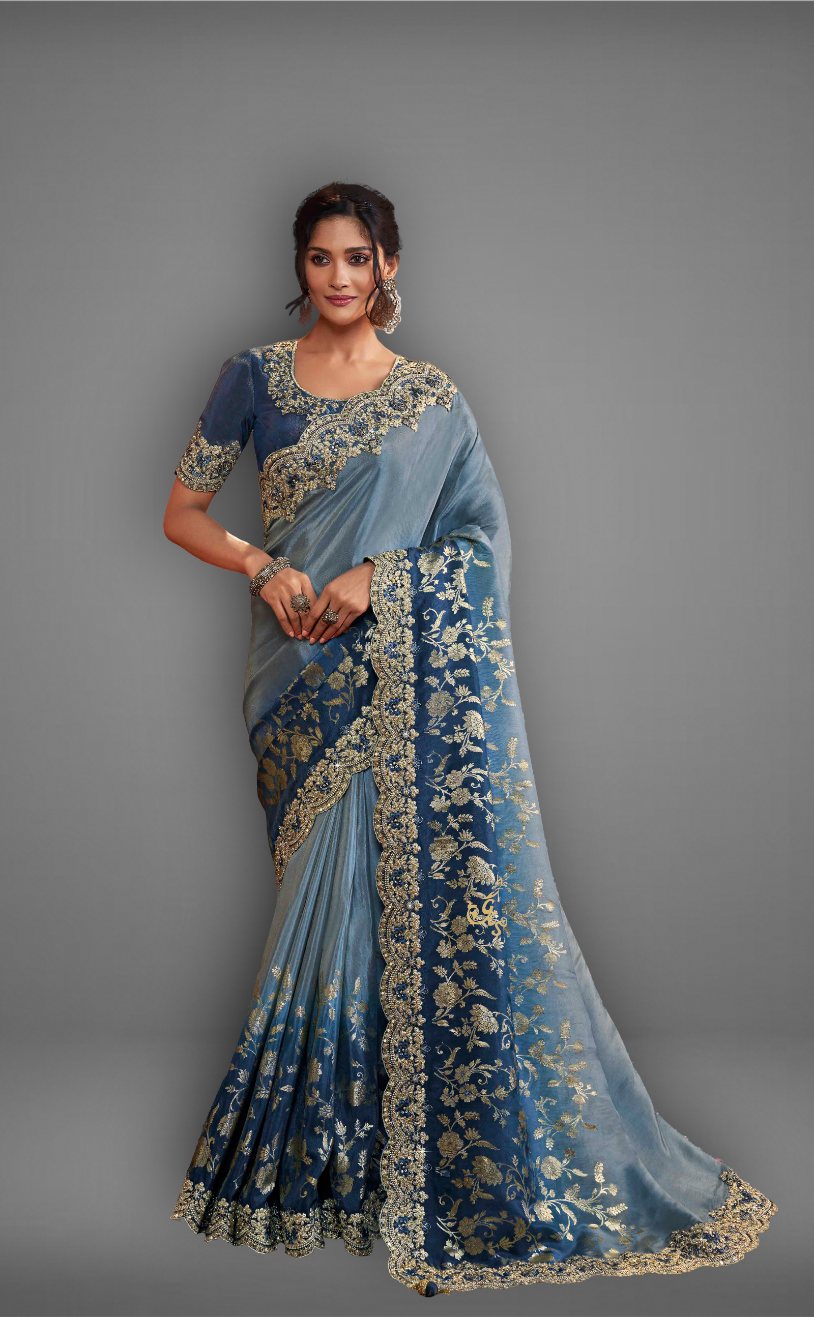 Blue Shaded Saree With Embroidered Border In Soft Vegan Tissue Georgette