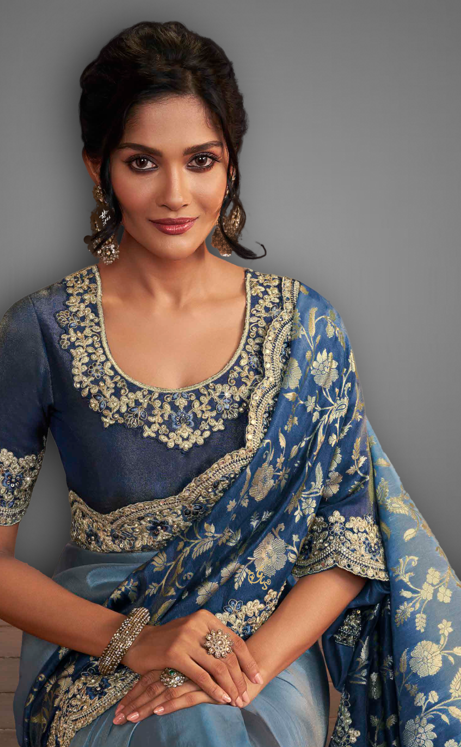 Blue Shaded Saree With Embroidered Border In Soft Vegan Tissue Georgette