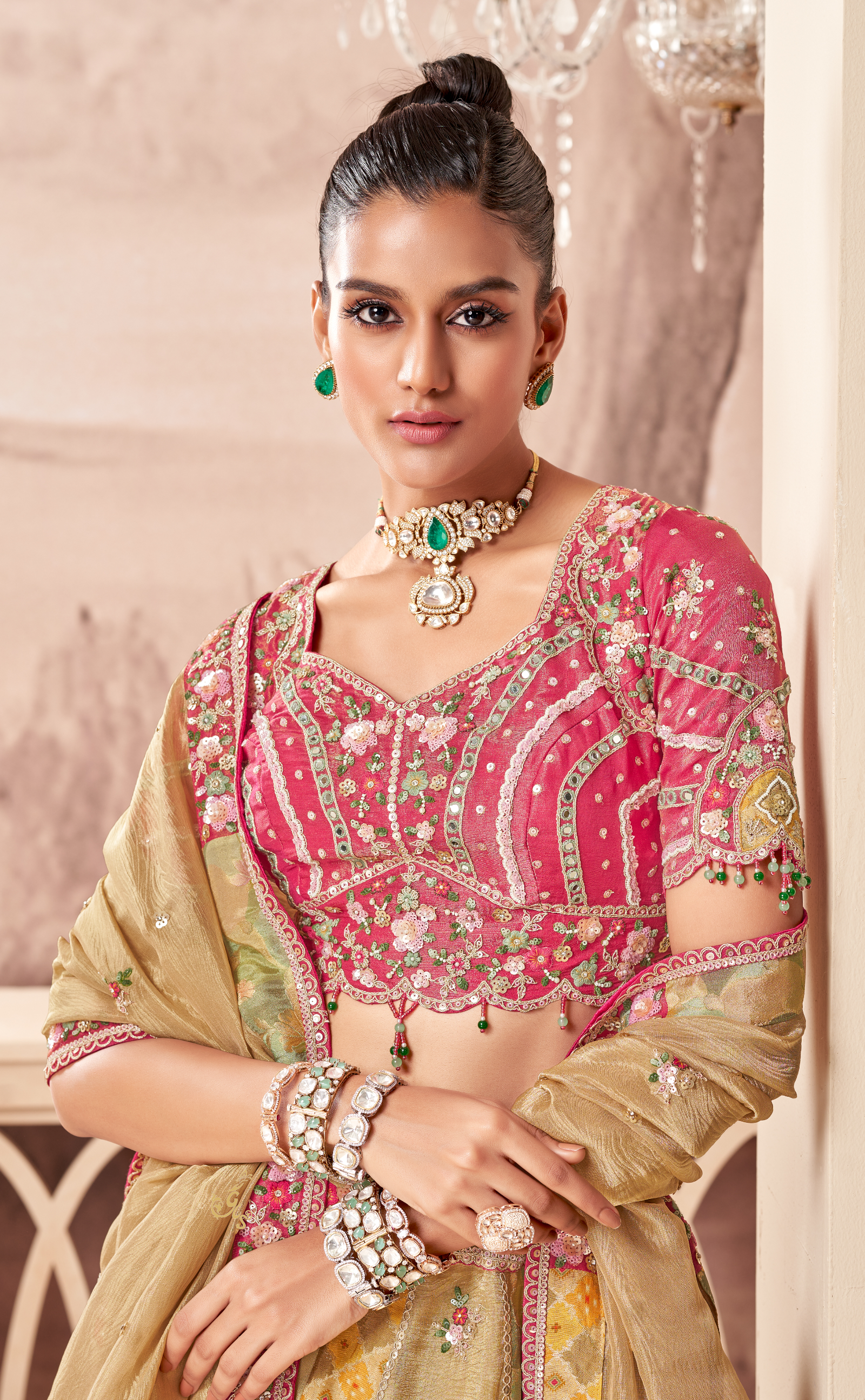 Golden Whisper Vegan Tissue Georgette Embroidered Lehenga