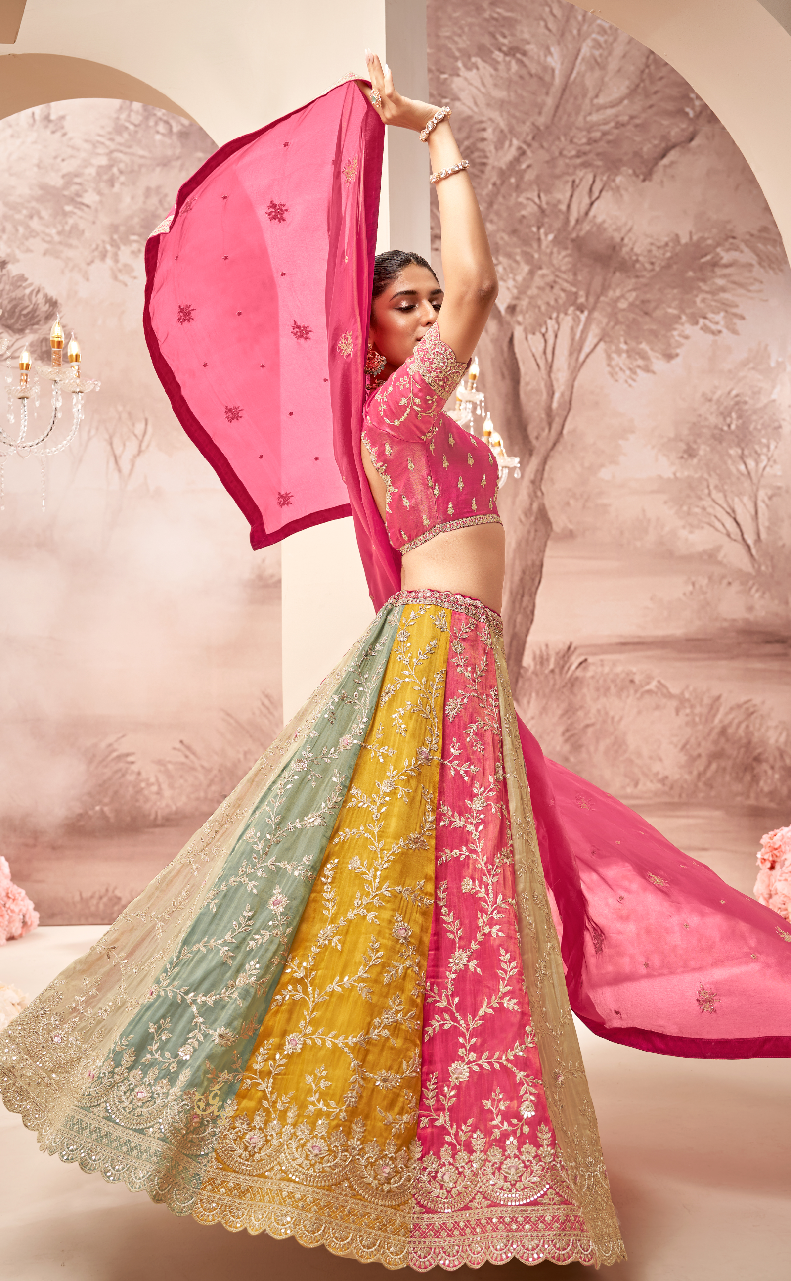 Dazzling Prism Multicolour Vegan Tissue Georgette Lehenga