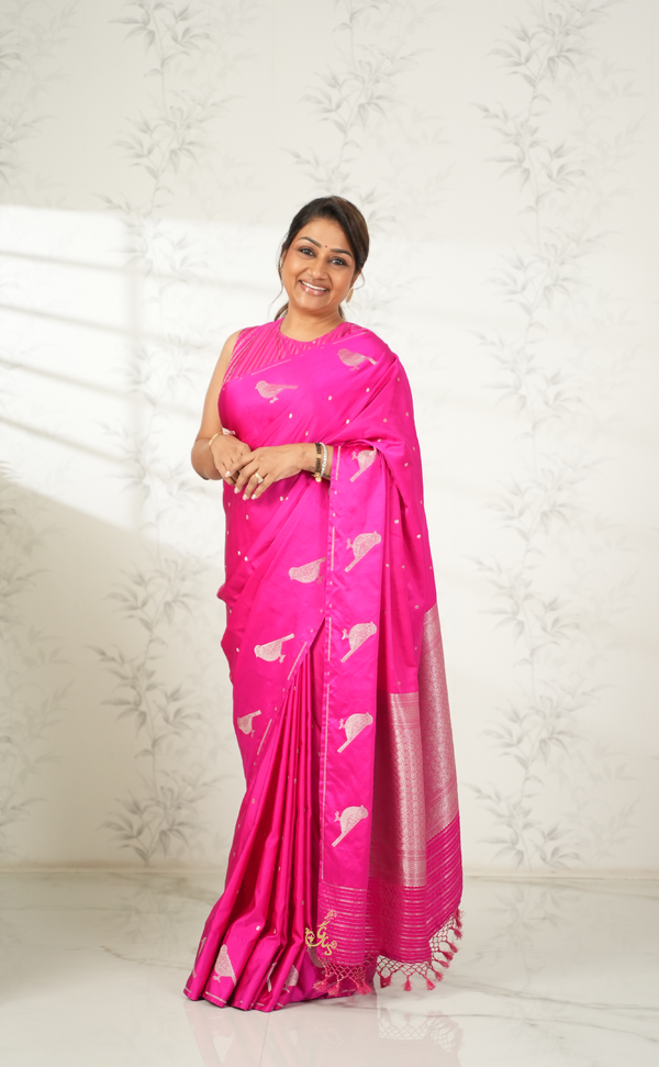 Hot Pink Lyocell and Satin Blended Woven Vegan Silk Saree