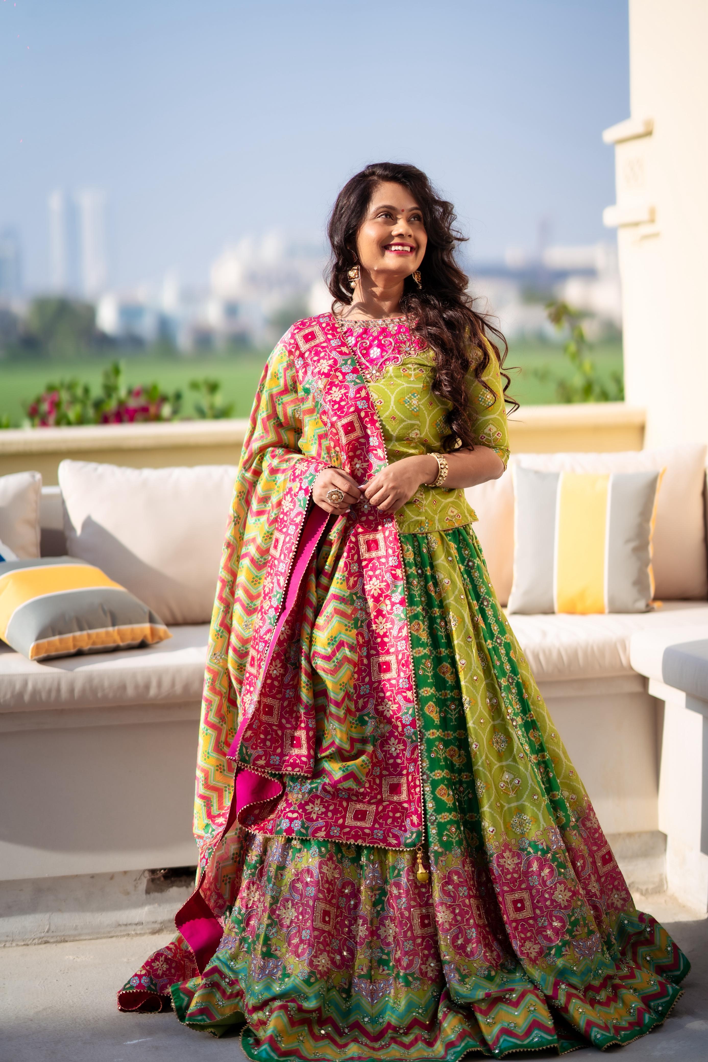 Green Vegan Silk Patola Lehenga