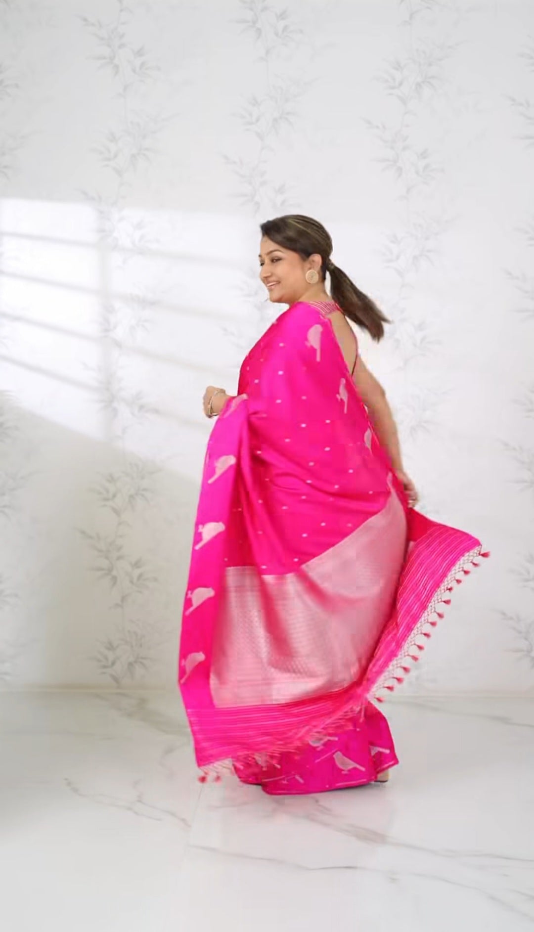 Hot Pink Lyocell and Satin Blended Woven Vegan Silk Saree