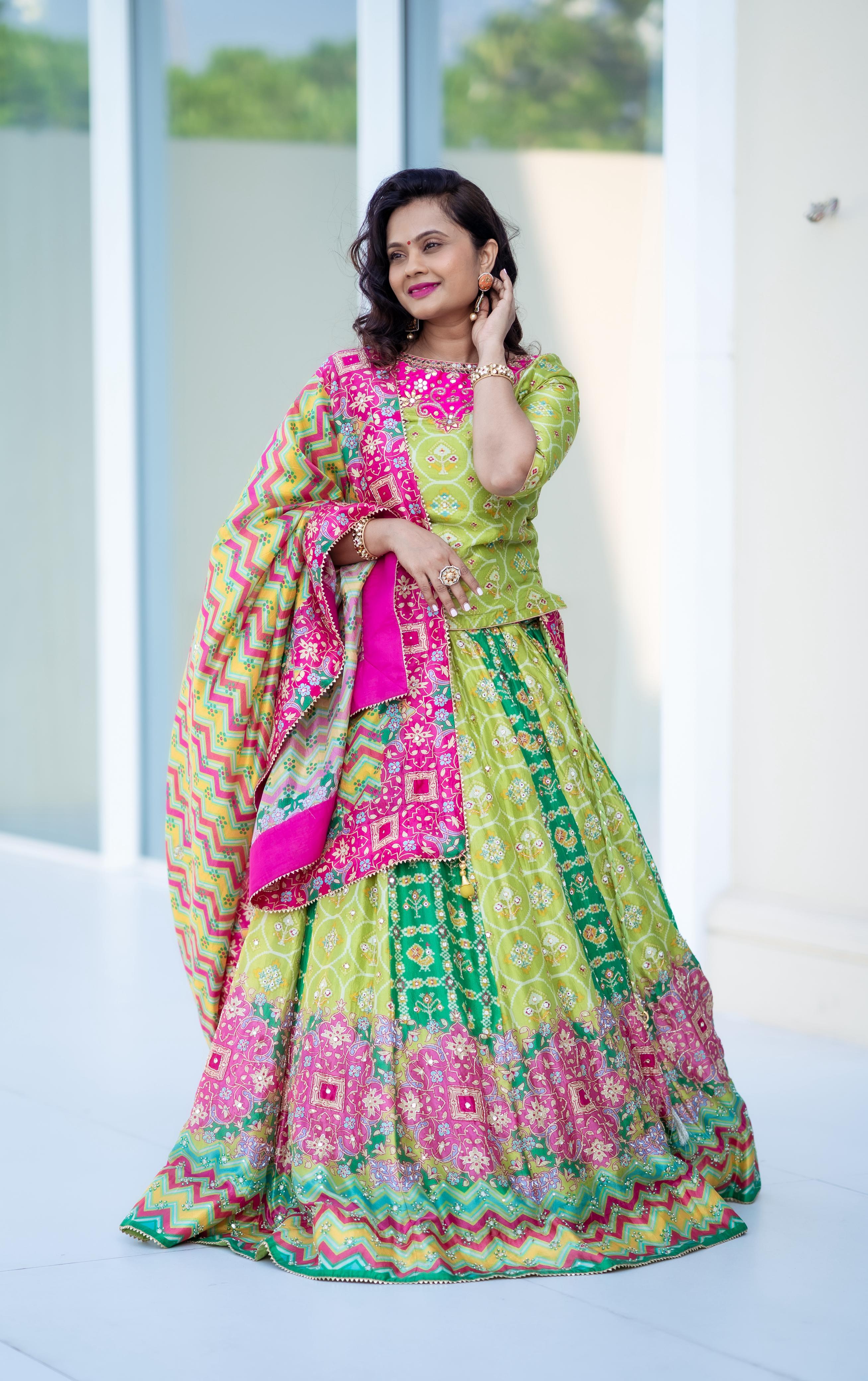 Green Vegan Silk Patola Lehenga