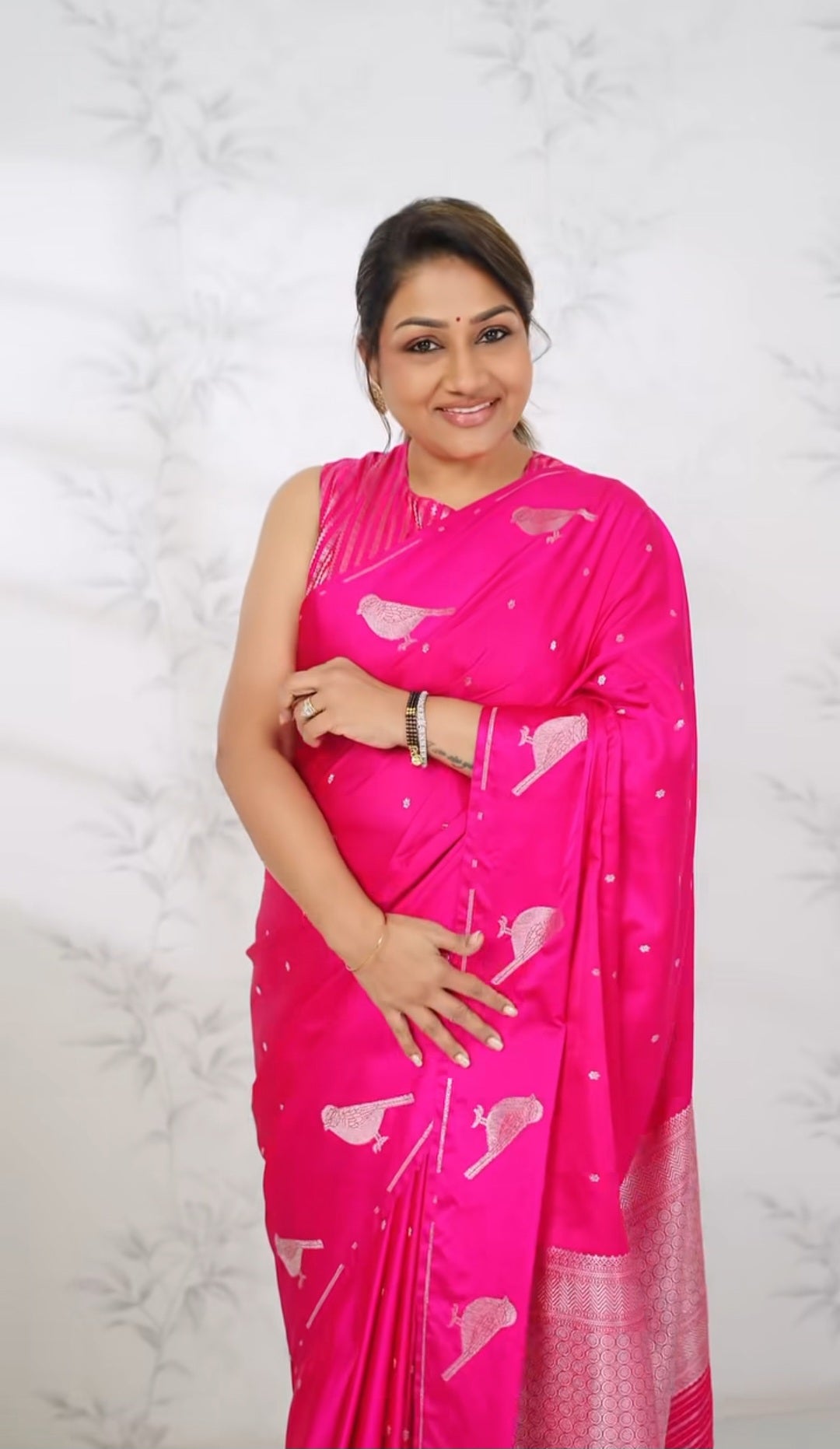 Hot Pink Lyocell and Satin Blended Woven Vegan Silk Saree