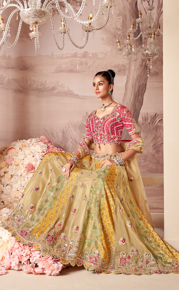 Golden Whisper Vegan Tissue Georgette Embroidered Lehenga