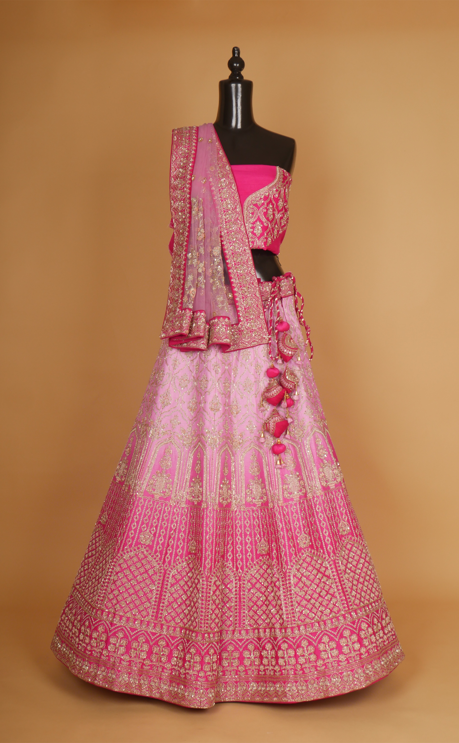 Pink Shaded Hand Zardosi Embroidery Bridal Lehenga In Vegan Raw Silk