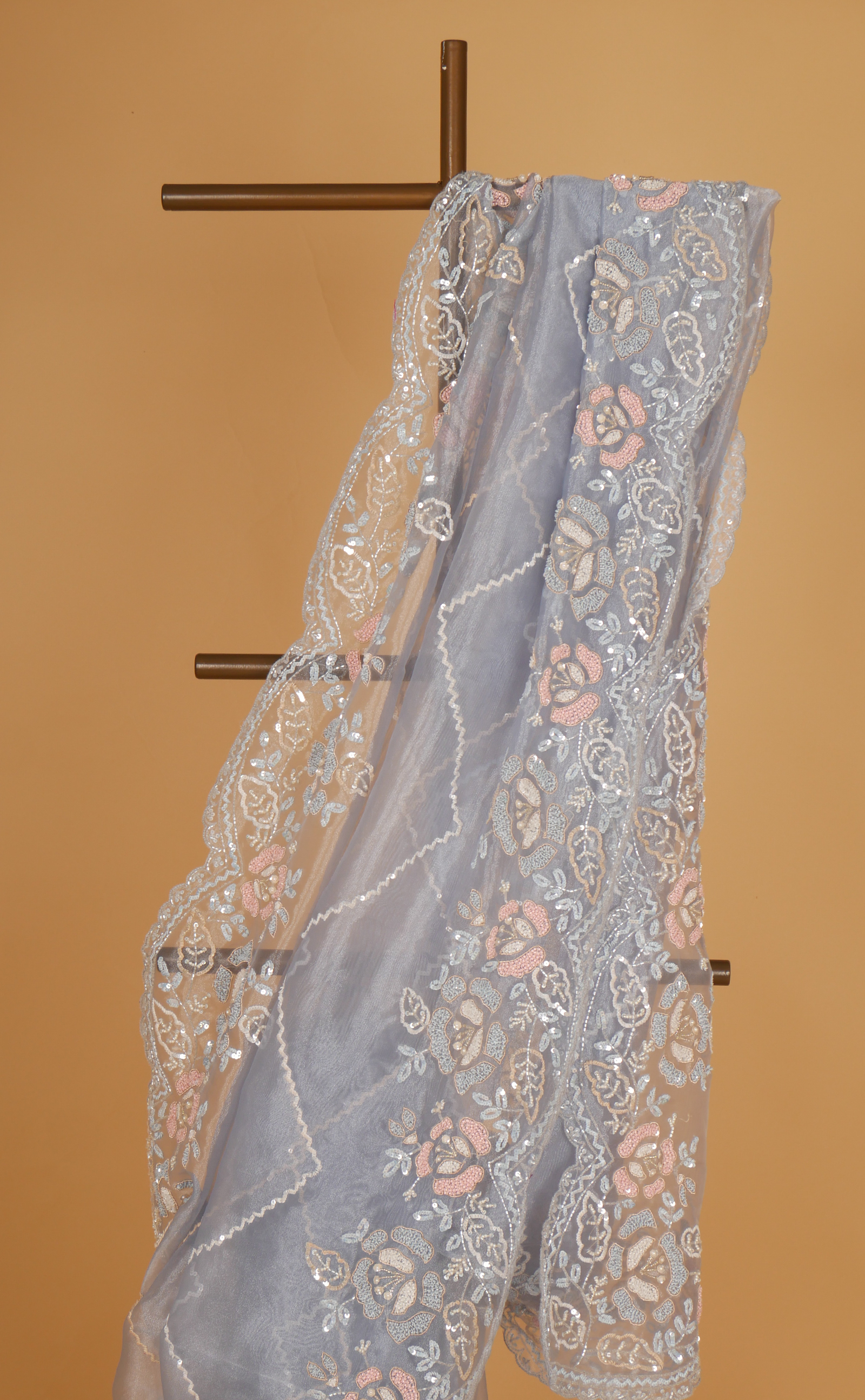 Ice Blue Hand Embroidery Saree In Vegan Glass Soft Organza