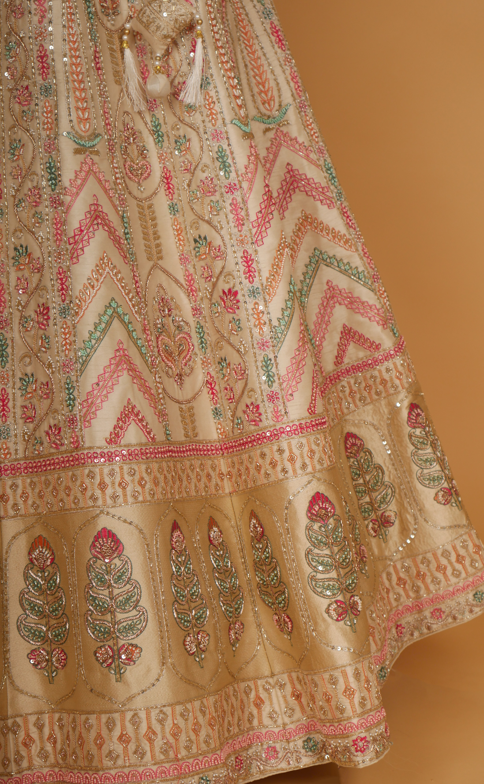 Creme Hand Zardosi And Resham Embroidery Bridal Lehenga In Vegan Raw Silk