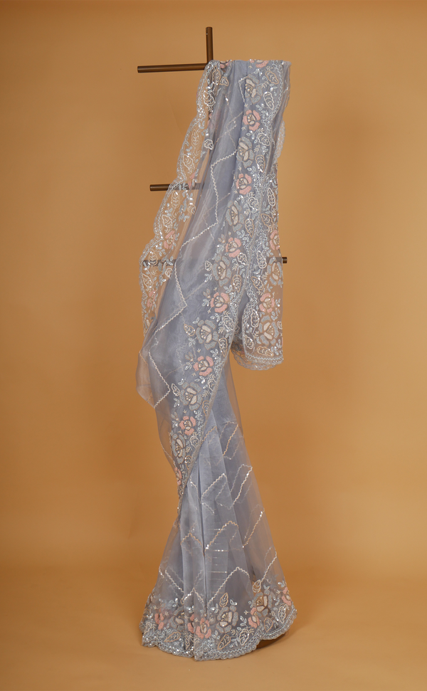 Ice Blue Hand Embroidery Saree In Vegan Glass Soft Organza