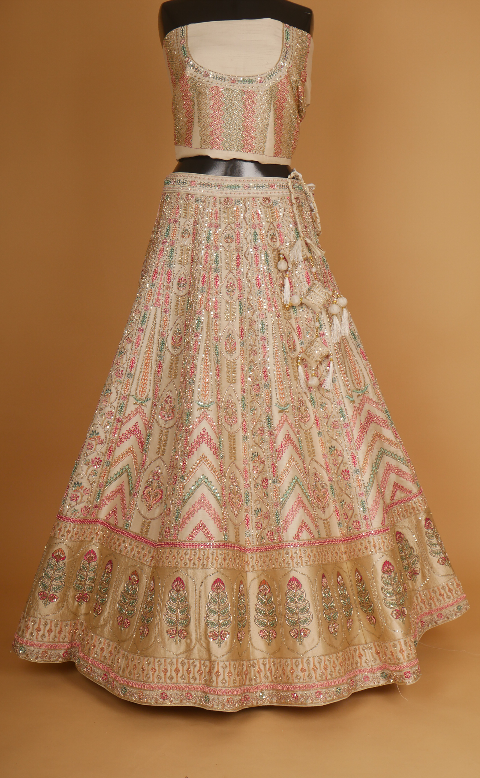 Creme Hand Zardosi And Resham Embroidery Bridal Lehenga In Vegan Raw Silk