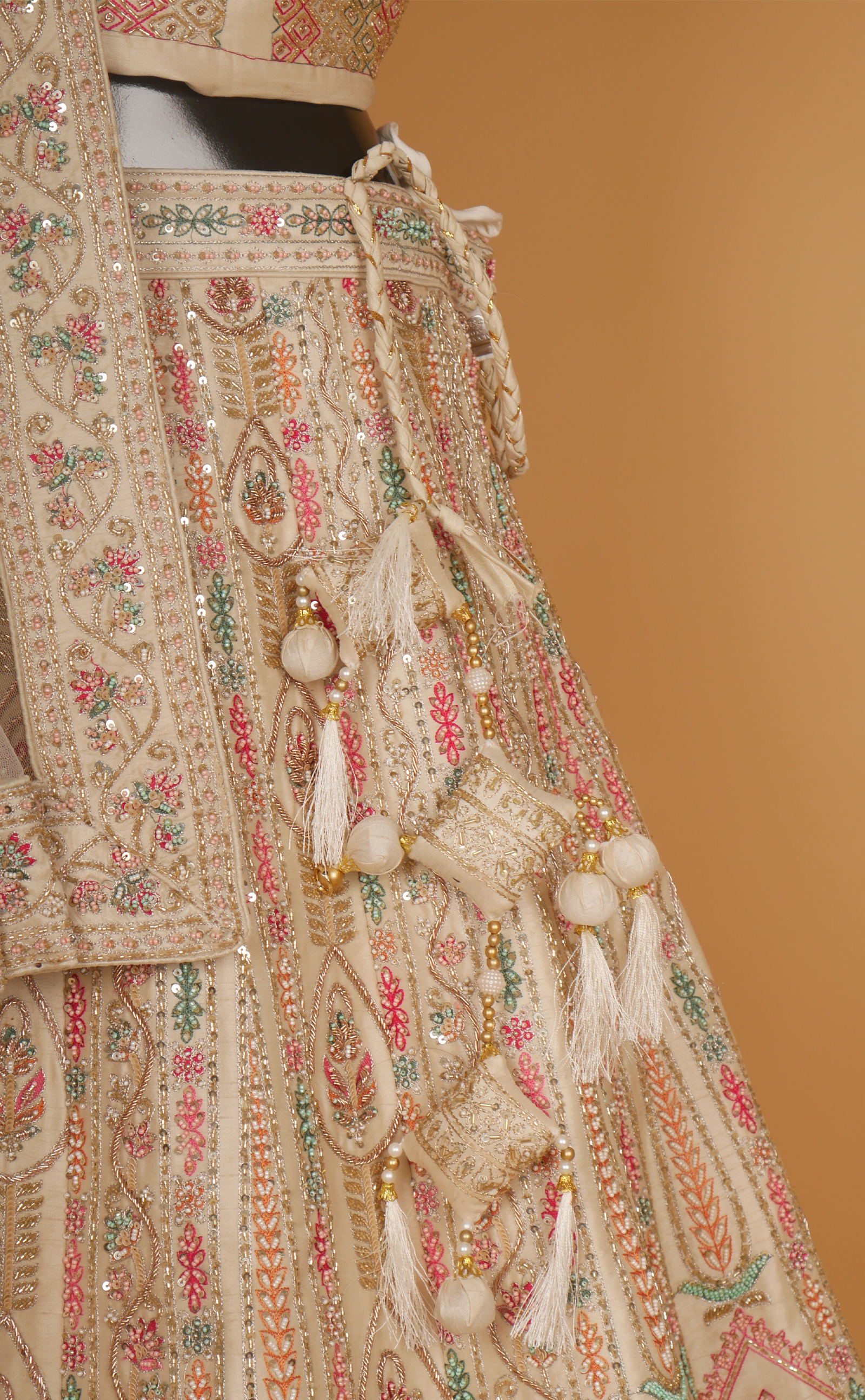 Creme Hand Zardosi And Resham Embroidery Bridal Lehenga In Vegan Raw Silk