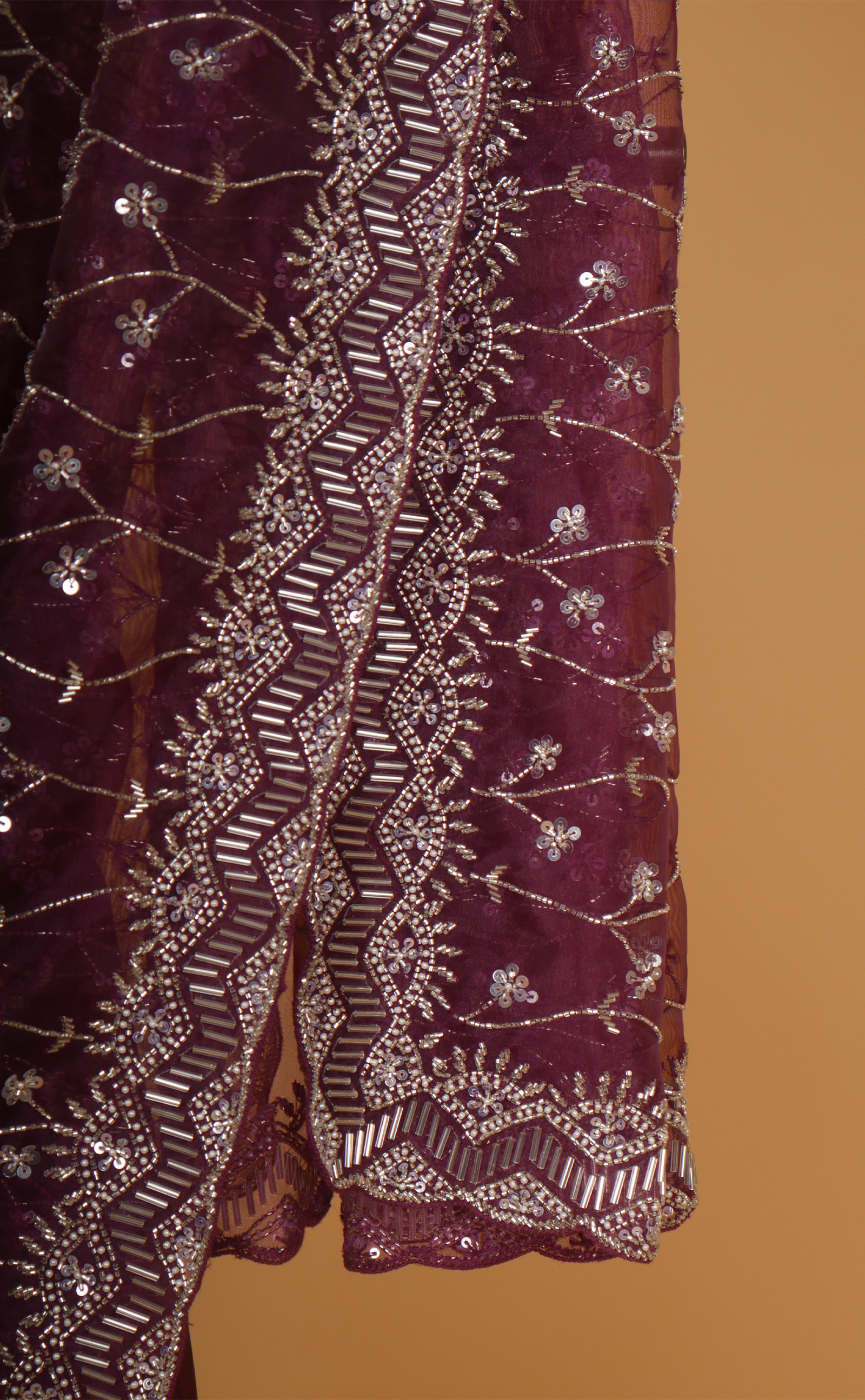 Wine Hand Embroidery Saree In Vegan Glass Soft Organza