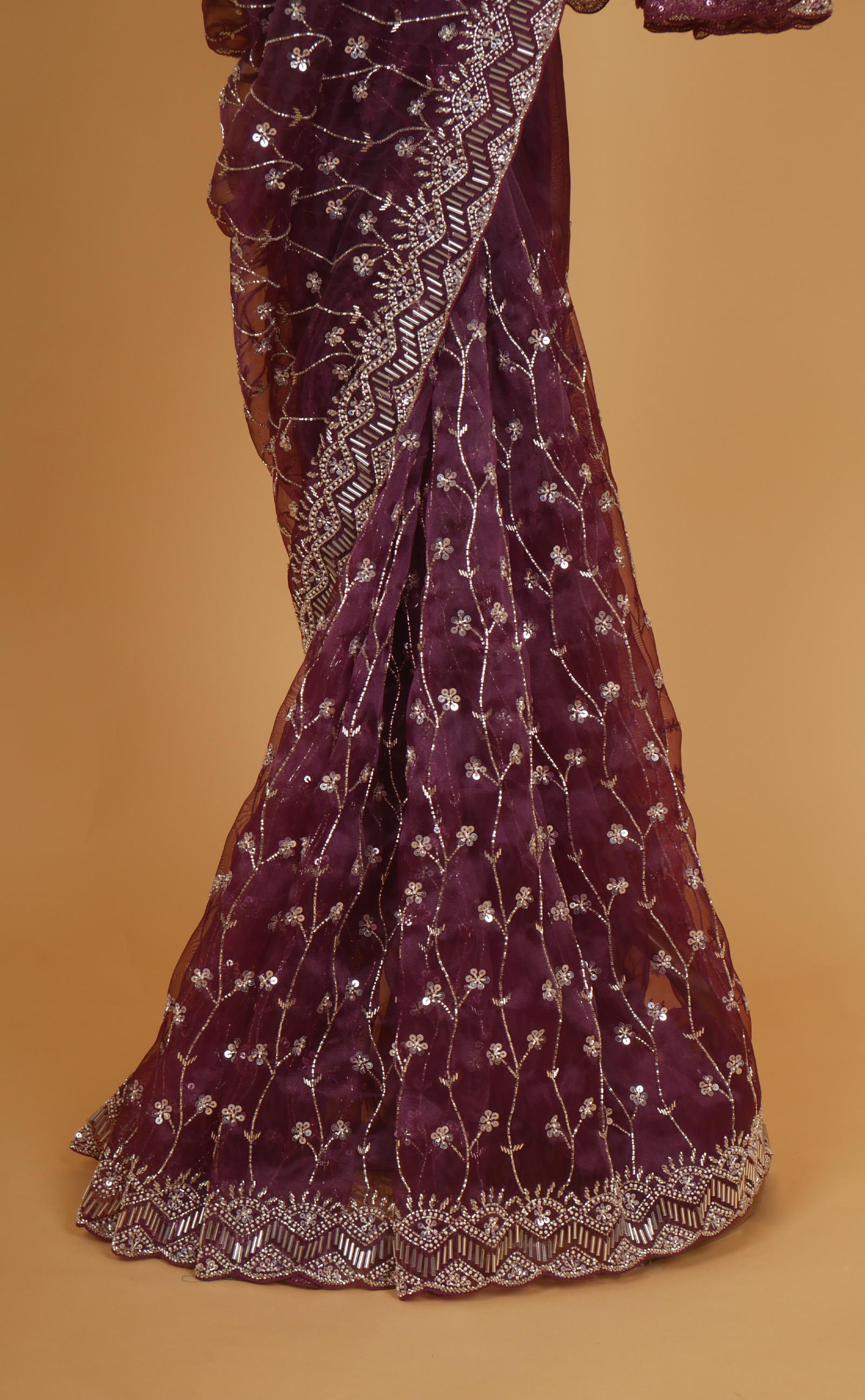 Wine Hand Embroidery Saree In Vegan Glass Soft Organza