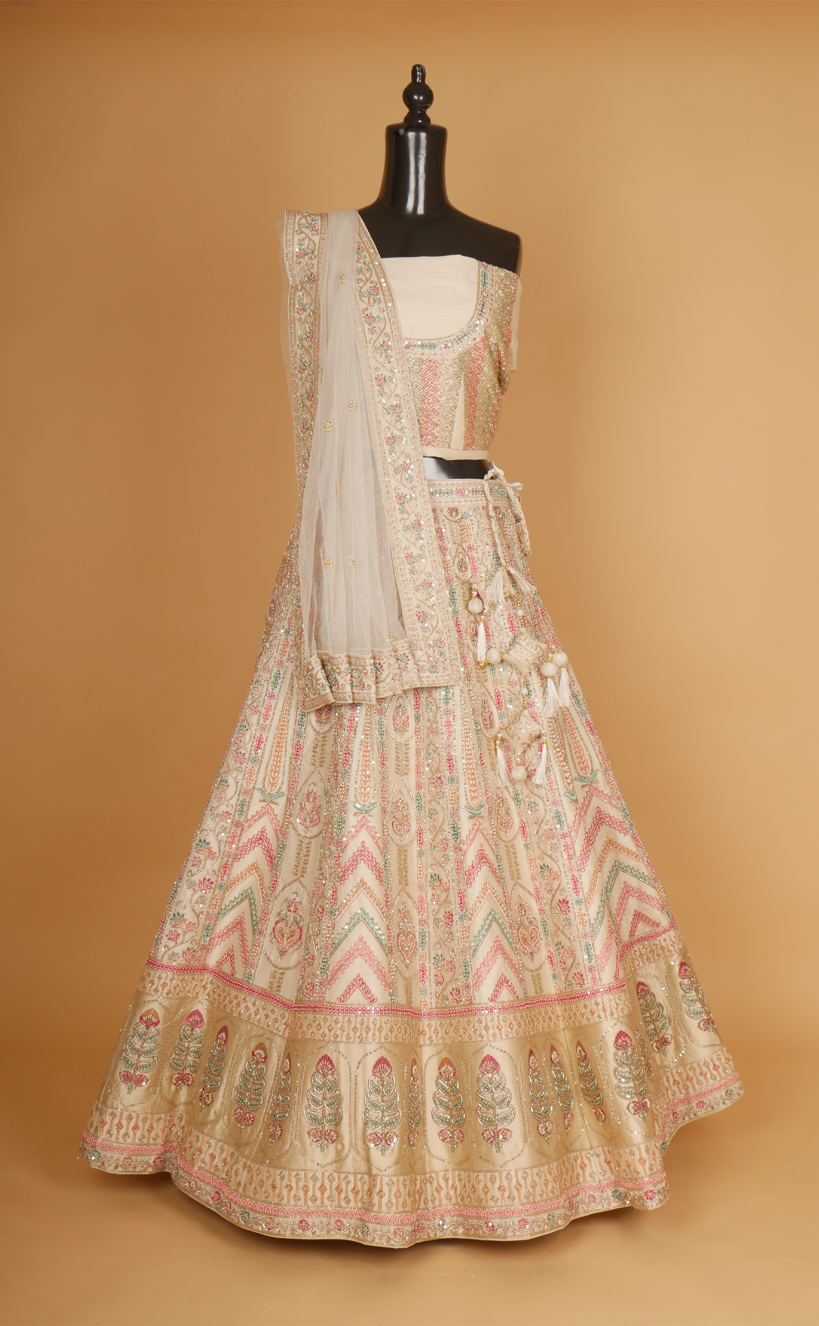 Creme Hand Zardosi And Resham Embroidery Bridal Lehenga In Vegan Raw Silk