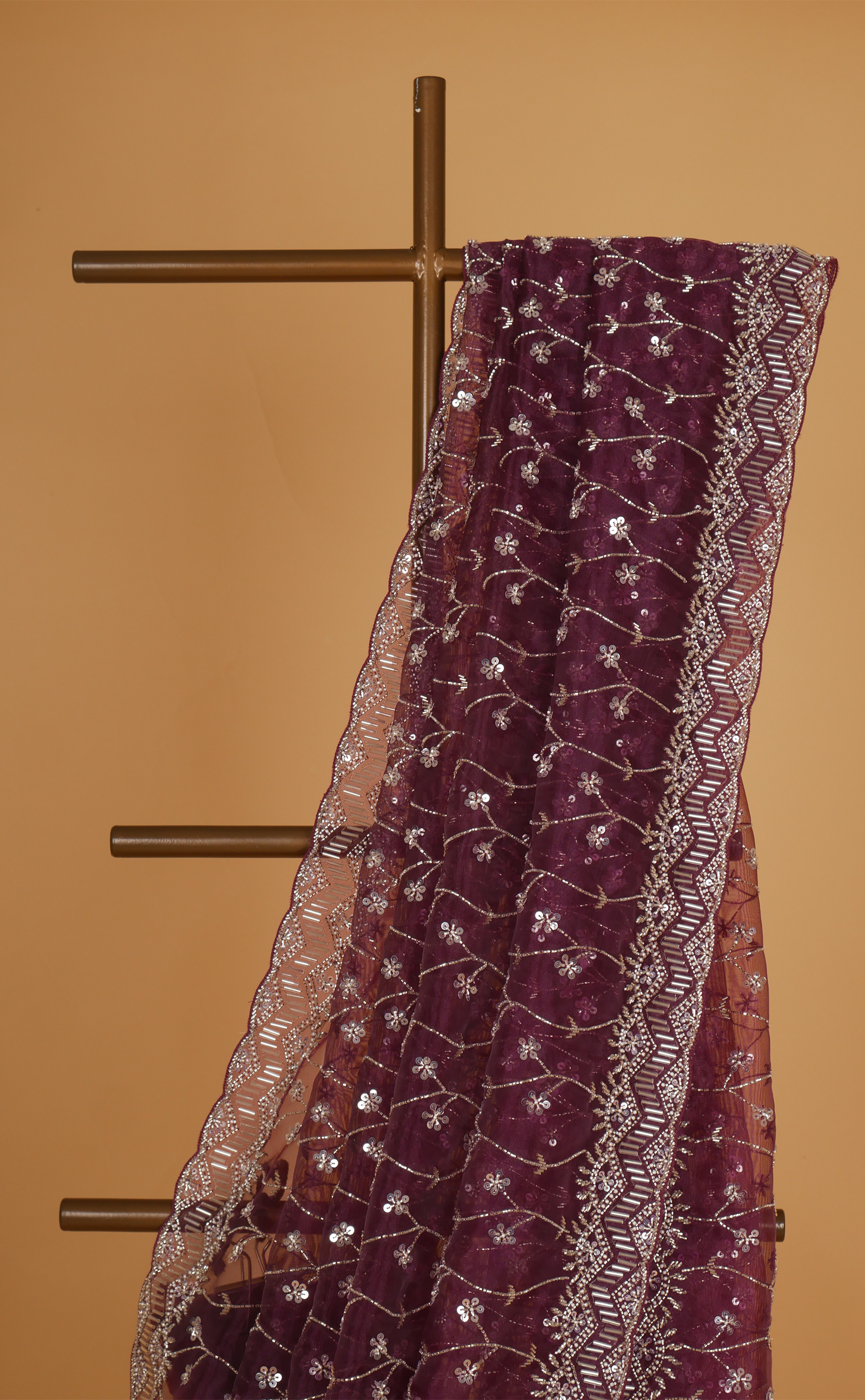 Wine Hand Embroidery Saree In Vegan Glass Soft Organza